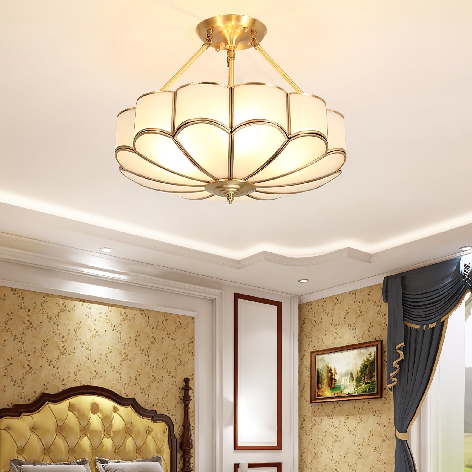 Solara Ceiling Light Frosted Glass Petal Brass Art - Letslighting