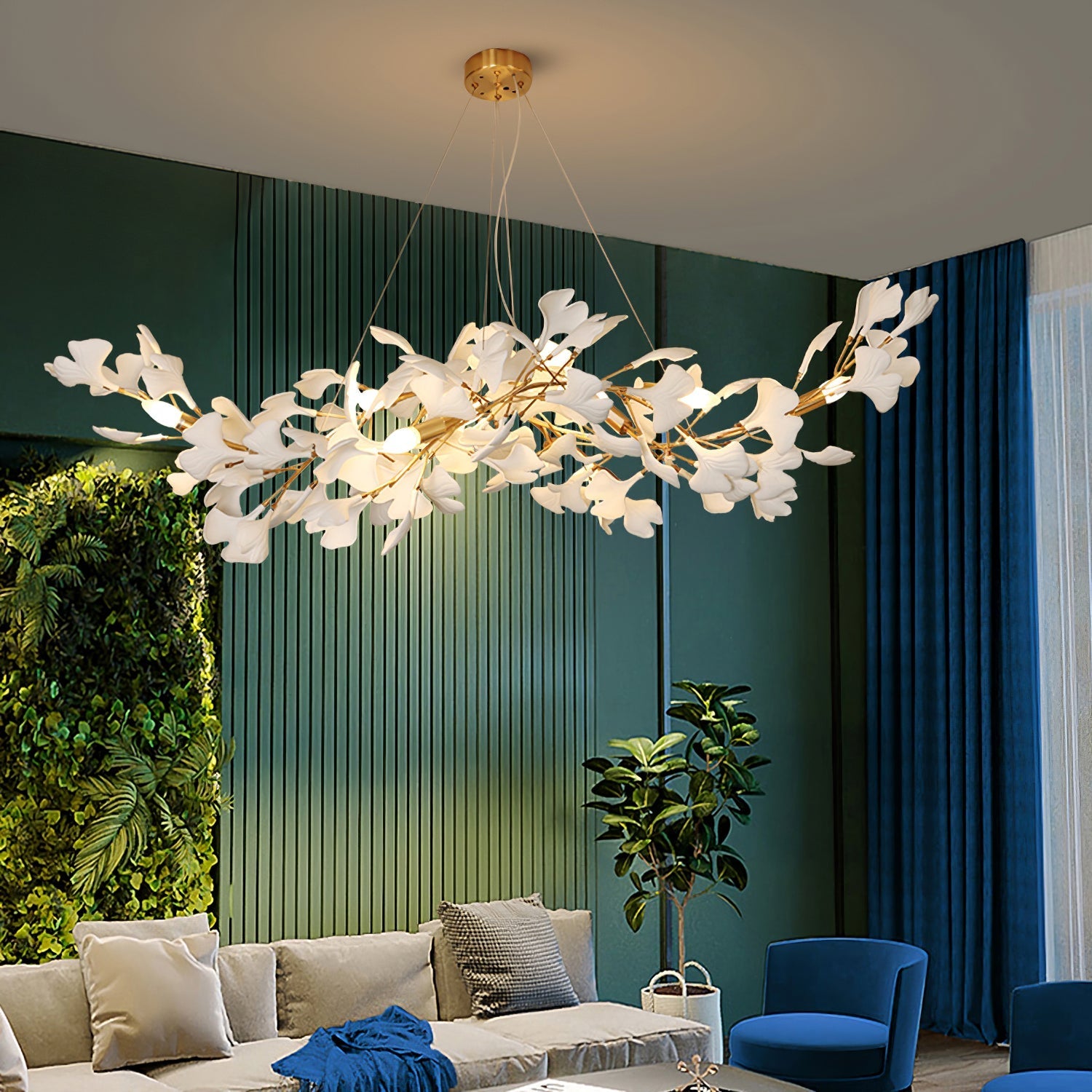 Gingko Chandelier Long Version Porcelain Leaf Branch Organic - Letslighting