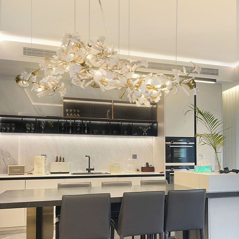 Gingko Chandelier Long Version Porcelain Leaf Branch Organic - Letslighting