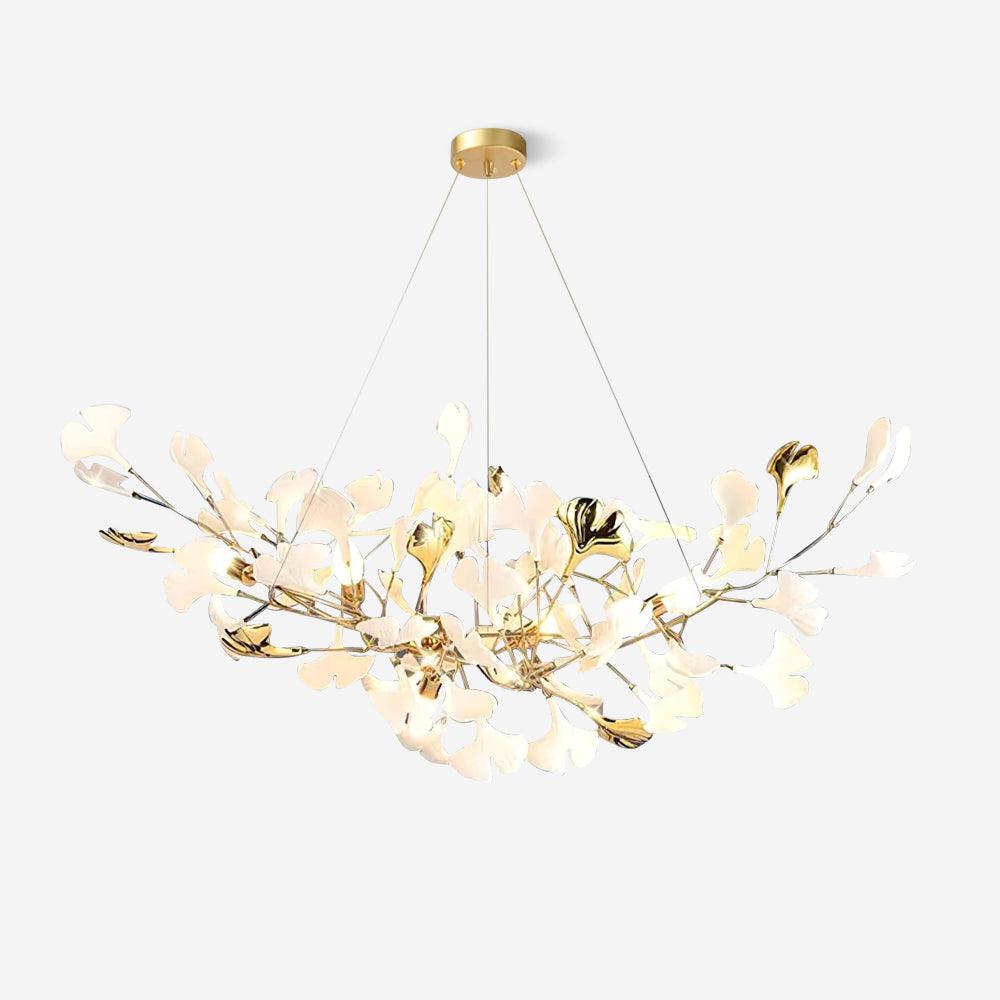 Chandelier White Ceramic Ginkgo Petals Gold Organic Art Nouveau - Letslighting
