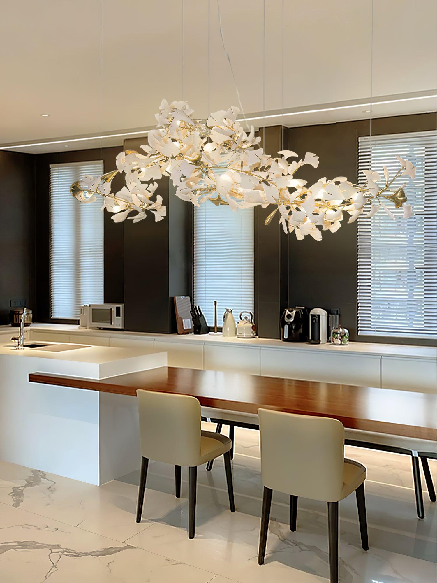 Chandelier White Ceramic Ginkgo Petals Gold Organic Art Nouveau - Letslighting