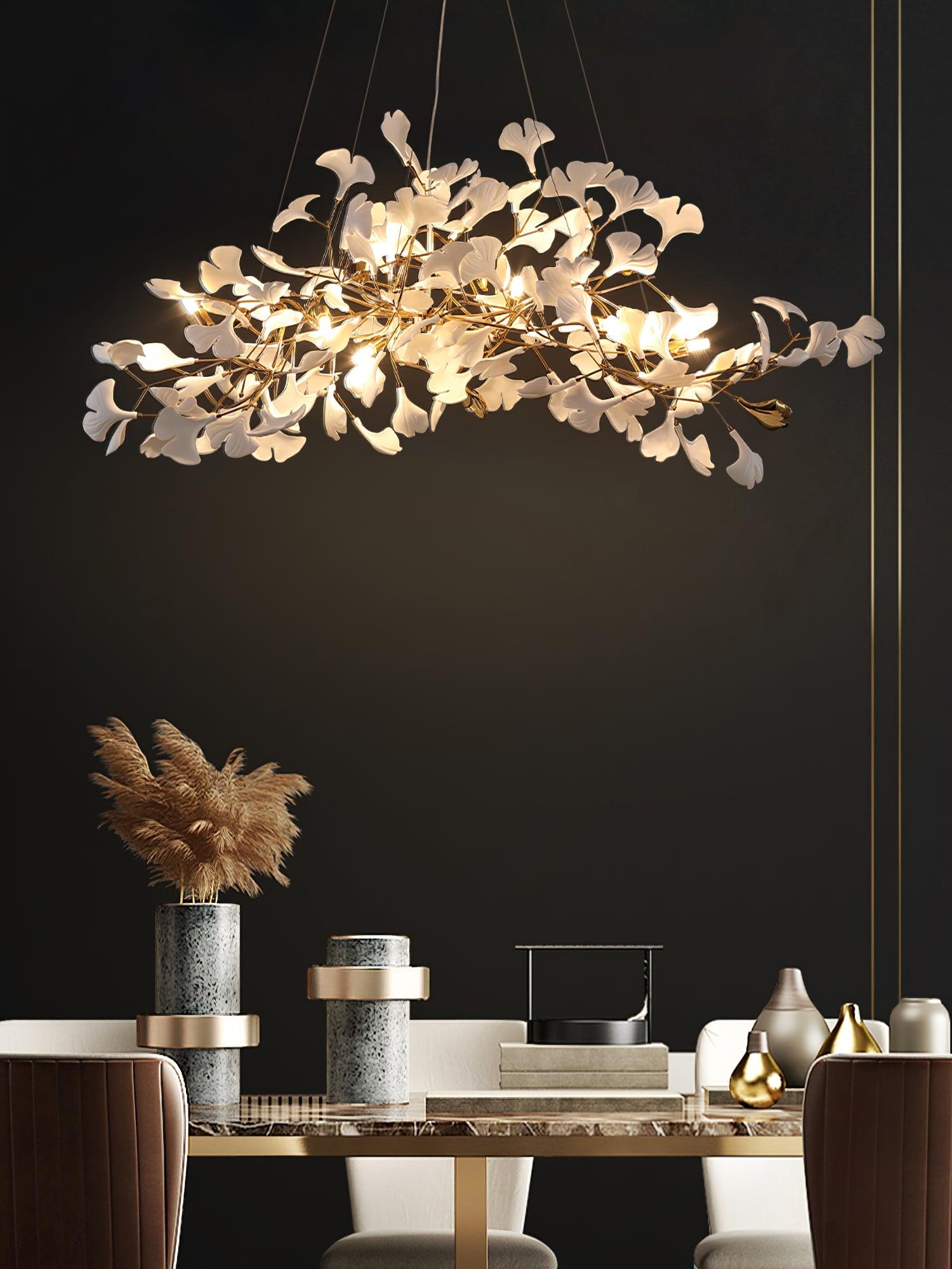Chandelier White Ceramic Ginkgo Petals Gold Organic Art Nouveau - Letslighting