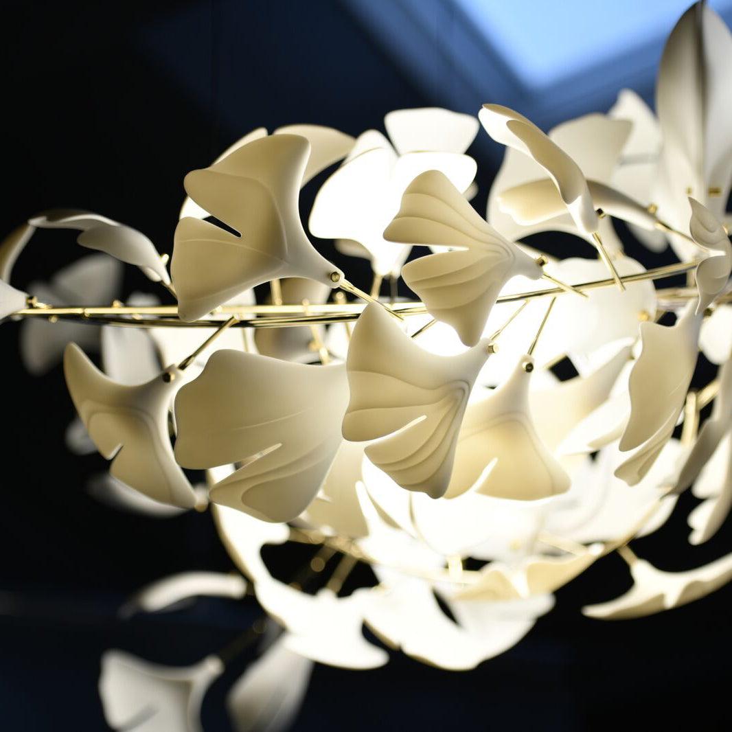 Chandelier White Ceramic Ginkgo Petals Gold Organic Art Nouveau - Letslighting