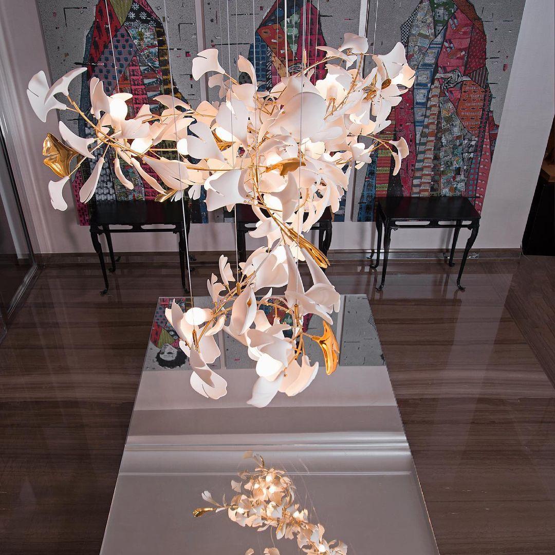 Chandelier White Ceramic Ginkgo Petals Gold Organic Art Nouveau - Letslighting