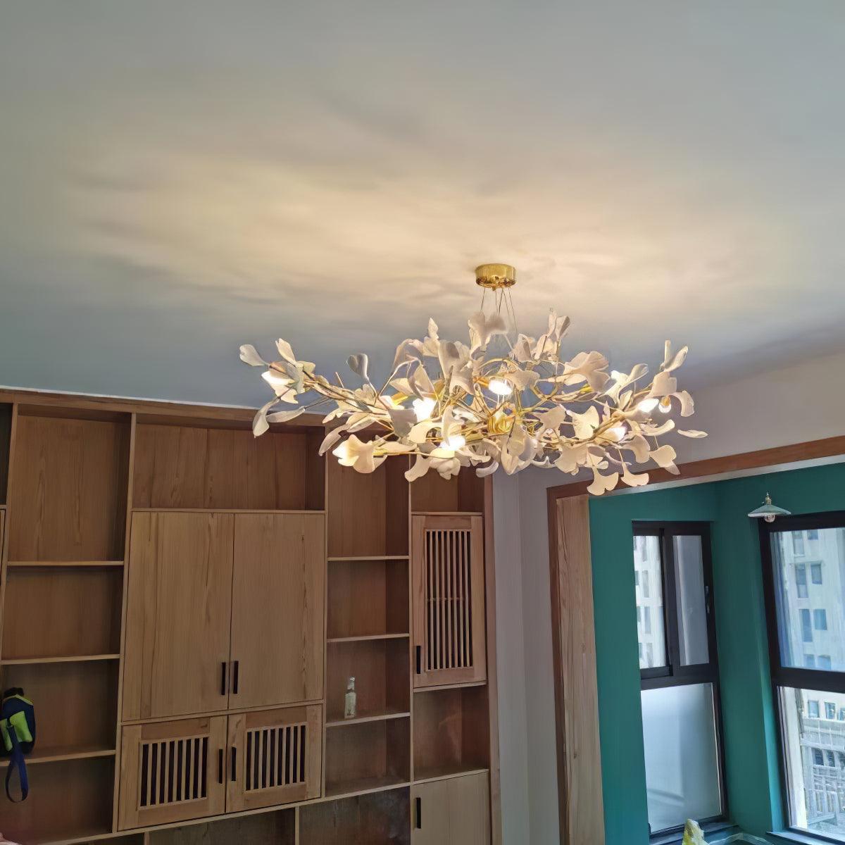 Chandelier White Ceramic Ginkgo Petals Gold Organic Art Nouveau - Letslighting