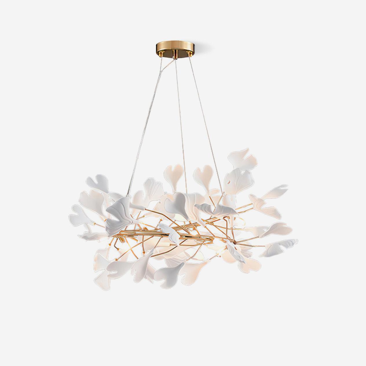 Chandelier White Ceramic Ginkgo Petals Gold Branches Art - Letslighting
