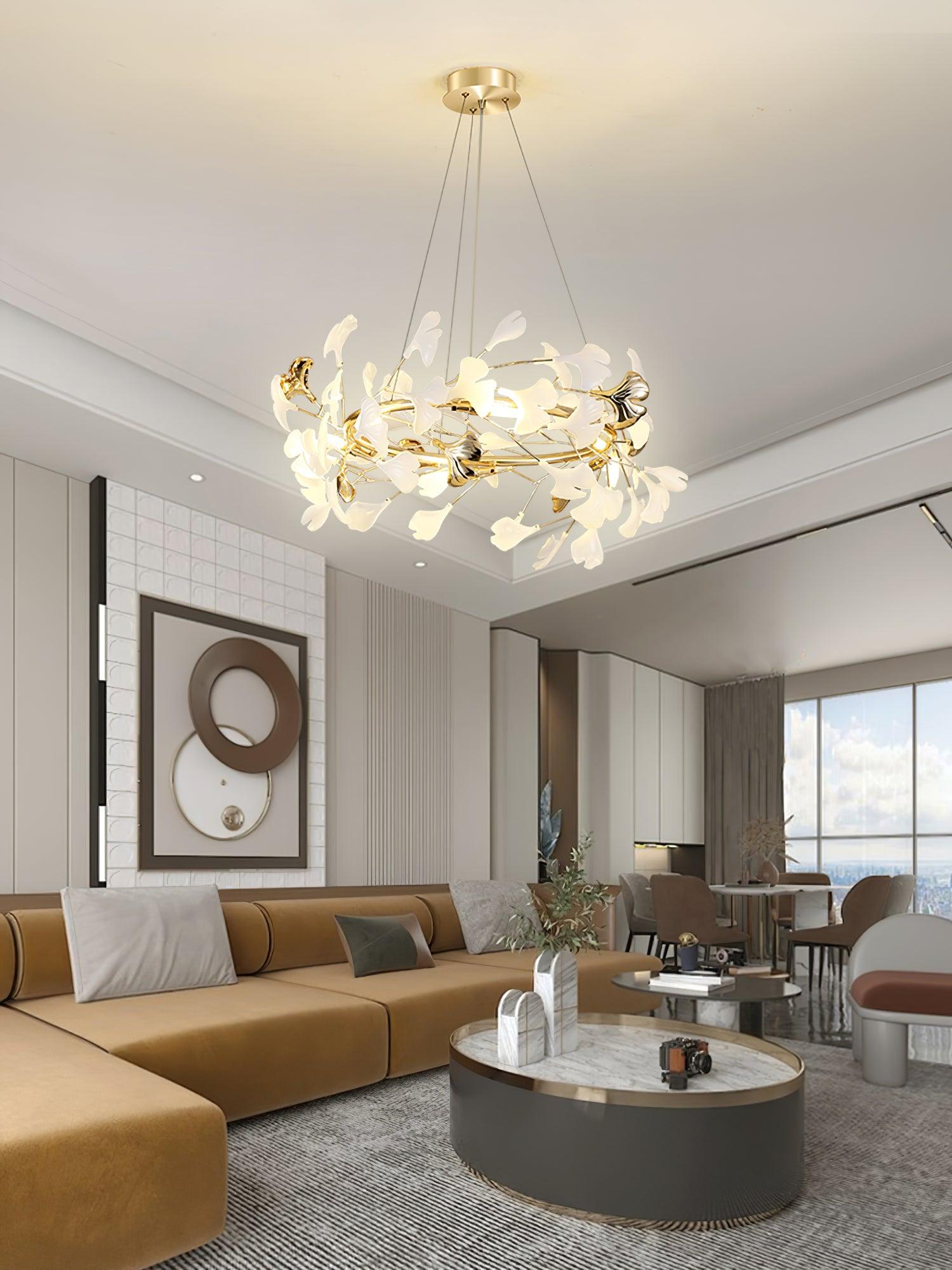 Chandelier White Ceramic Ginkgo Petals Gold Branches Art - Letslighting