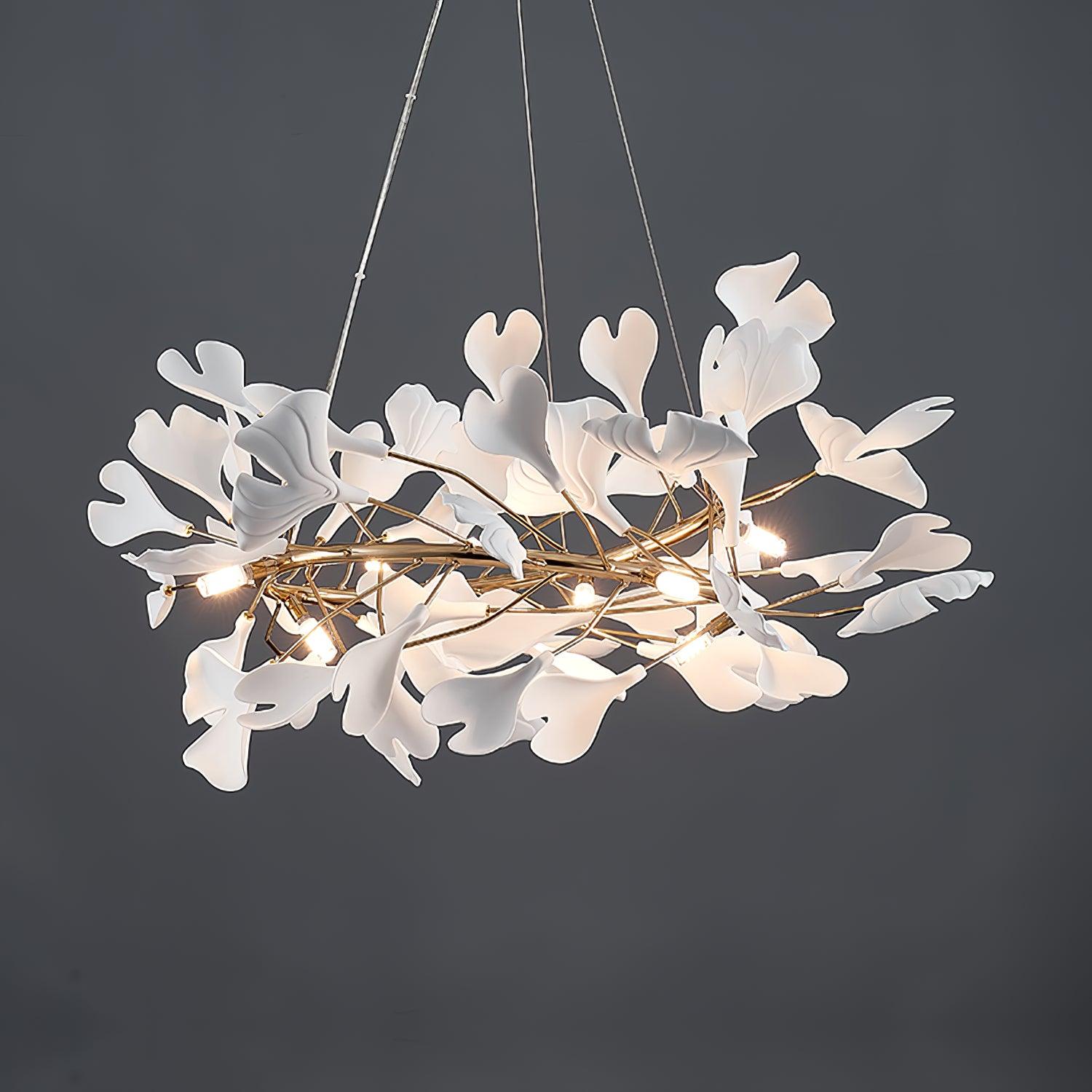 Chandelier White Ceramic Ginkgo Petals Gold Branches Art - Letslighting