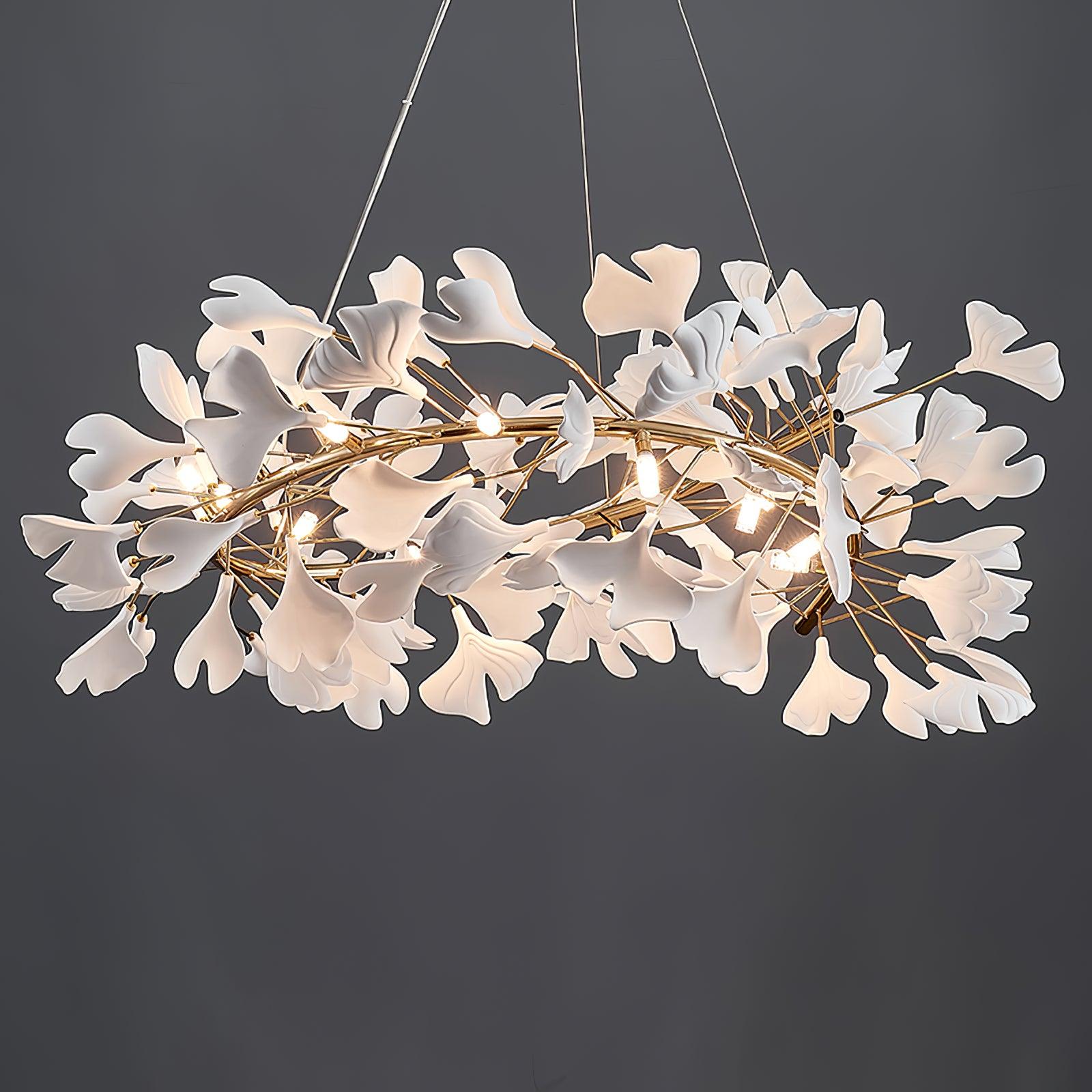 Chandelier White Ceramic Ginkgo Petals Gold Branches Art - Letslighting