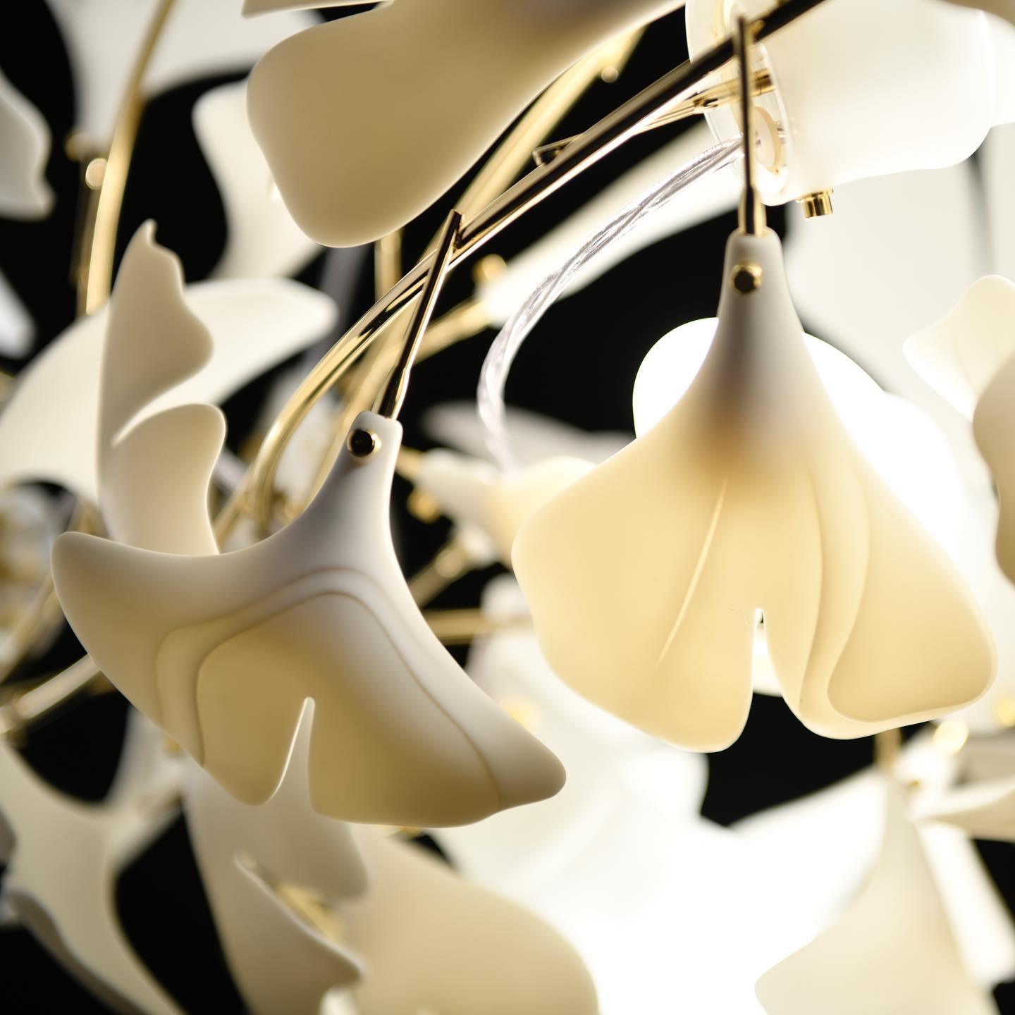 Chandelier White Ceramic Ginkgo Petals Gold Branches Art - Letslighting