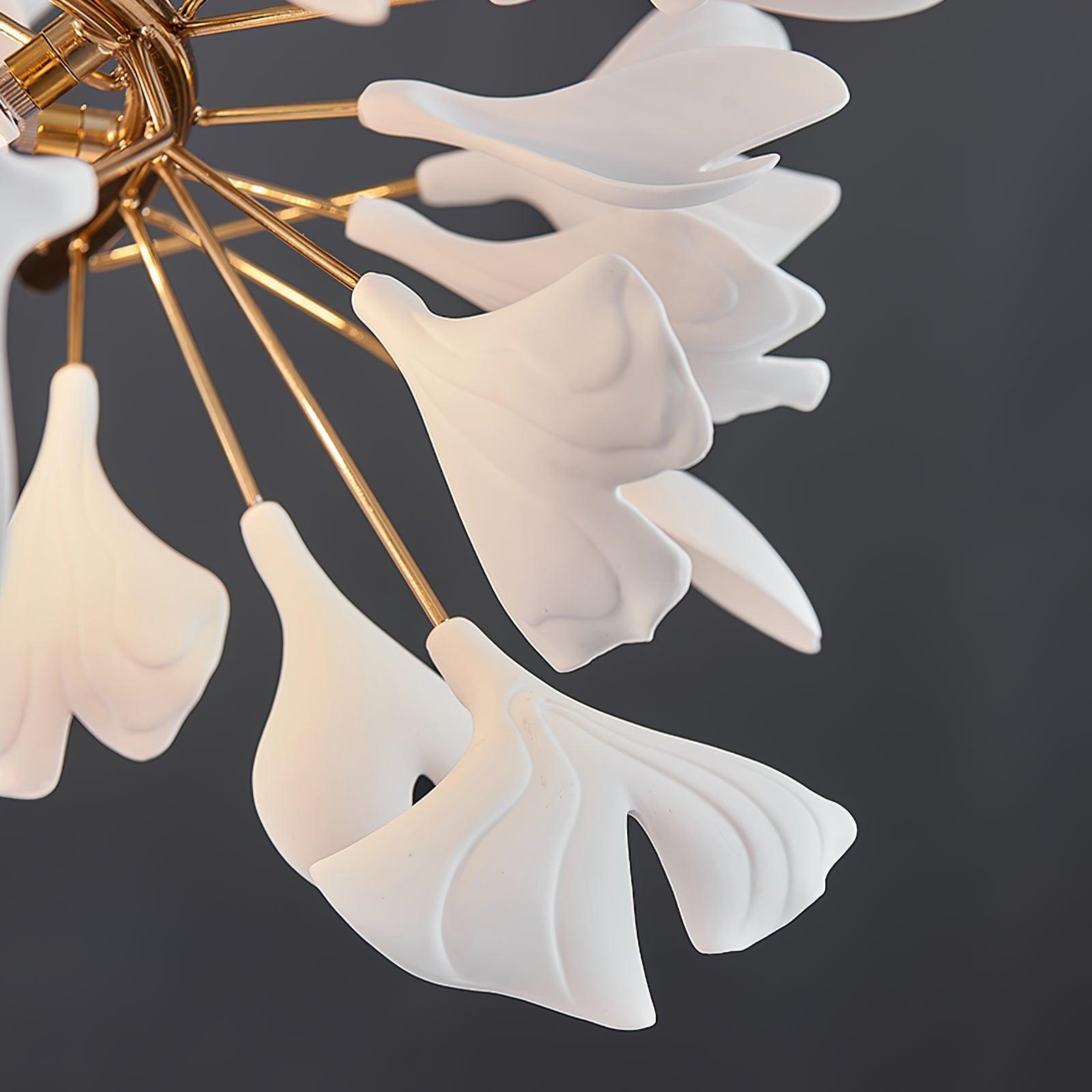 Chandelier White Ceramic Ginkgo Petals Gold Branches Art - Letslighting