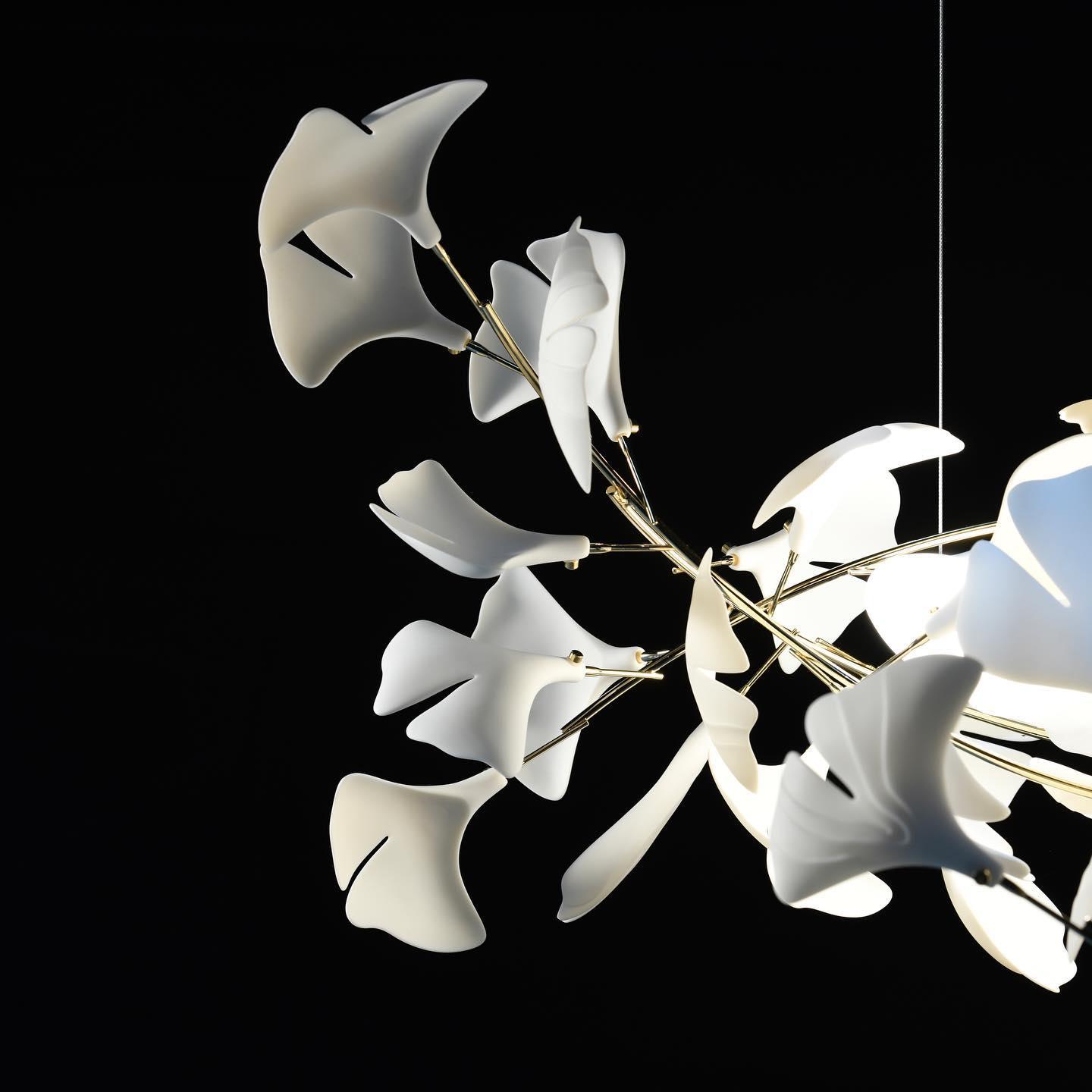 Chandelier White Ceramic Ginkgo Petals Gold Branches Art - Letslighting