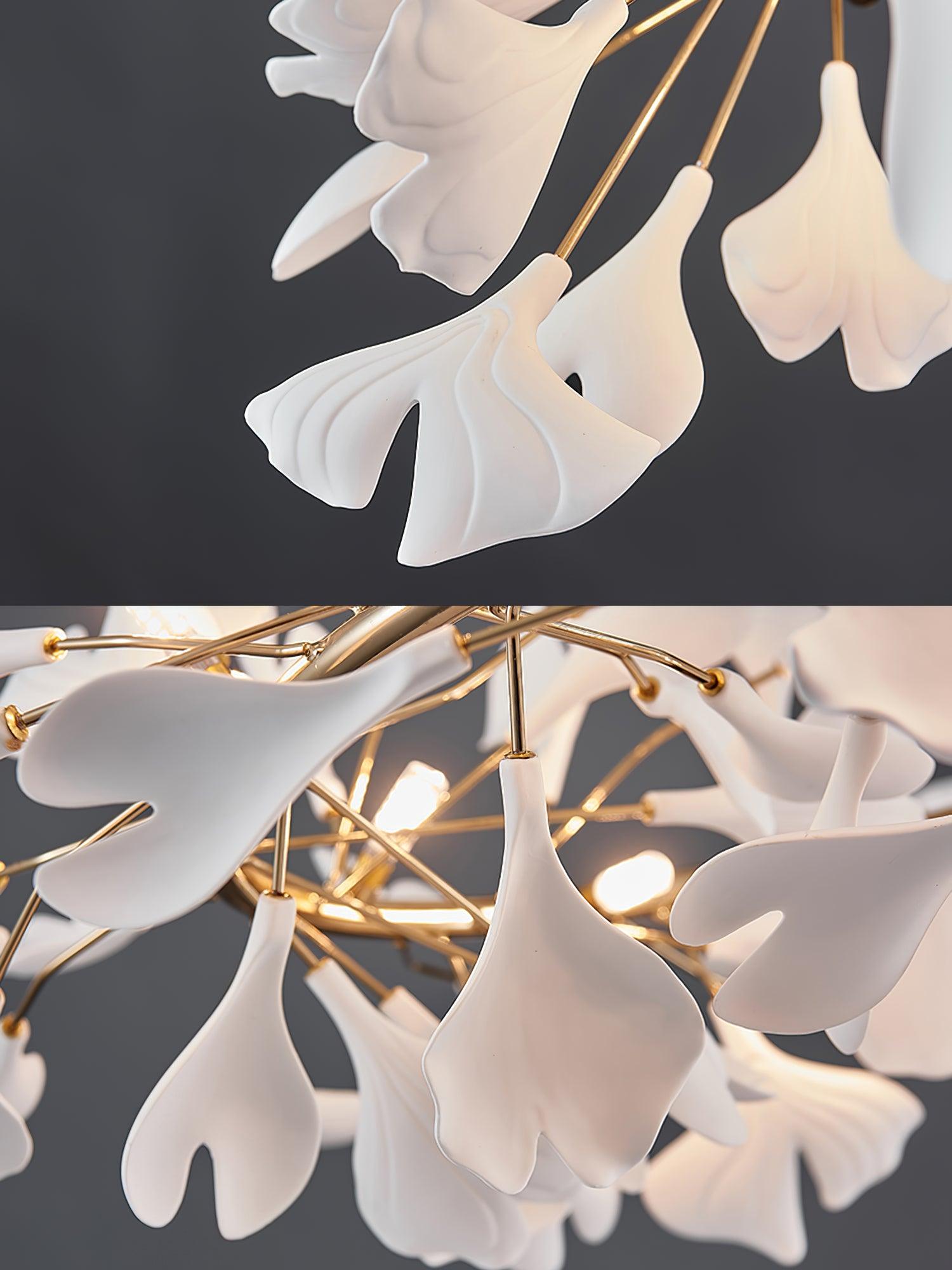Chandelier White Ceramic Ginkgo Petals Gold Branches Art - Letslighting