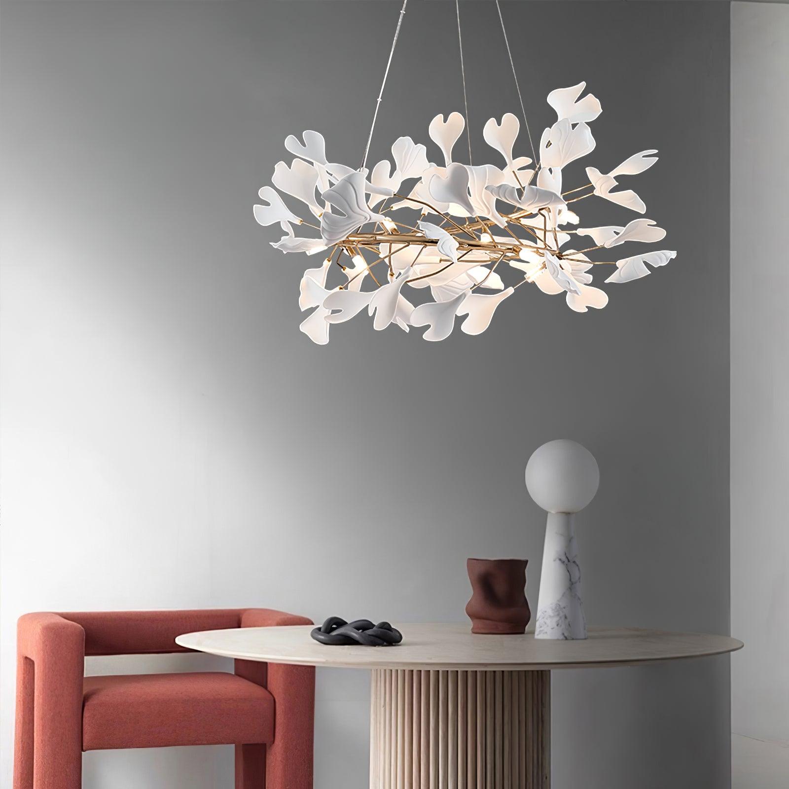 Chandelier White Ceramic Ginkgo Petals Gold Branches Art - Letslighting