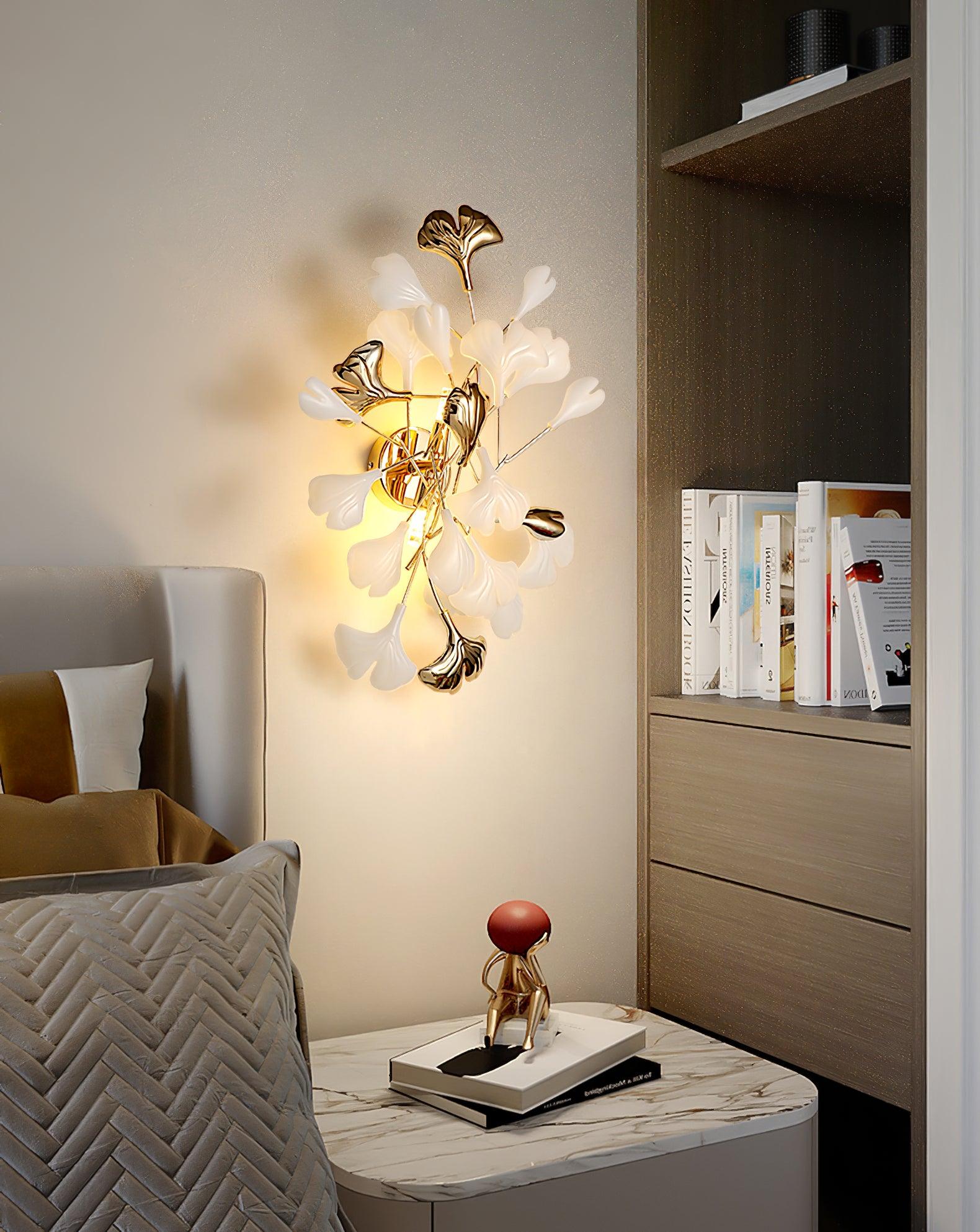 Wall Lamp Gingko Ceramic Petal Shades Gold Art Nouveau - Letslighting