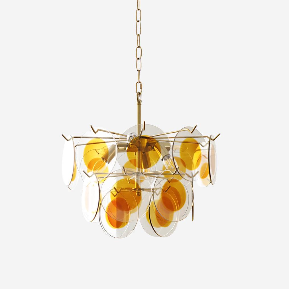 Glass Chandelier Caramel Discs Brass Frame Sculptural - Letslighting