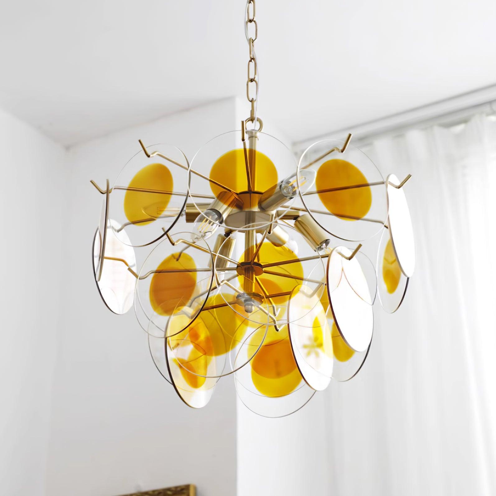 Glass Chandelier Caramel Discs Brass Frame Sculptural - Letslighting