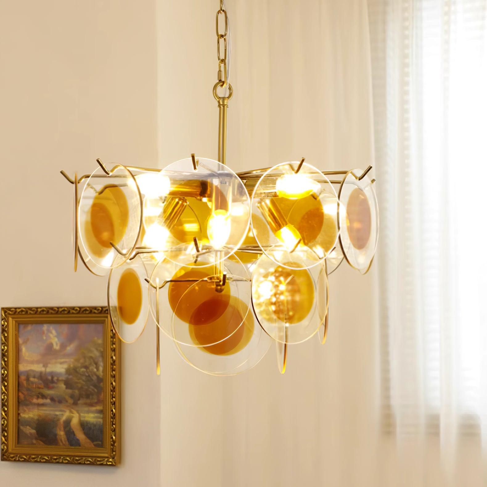 Glass Chandelier Caramel Discs Brass Frame Sculptural - Letslighting