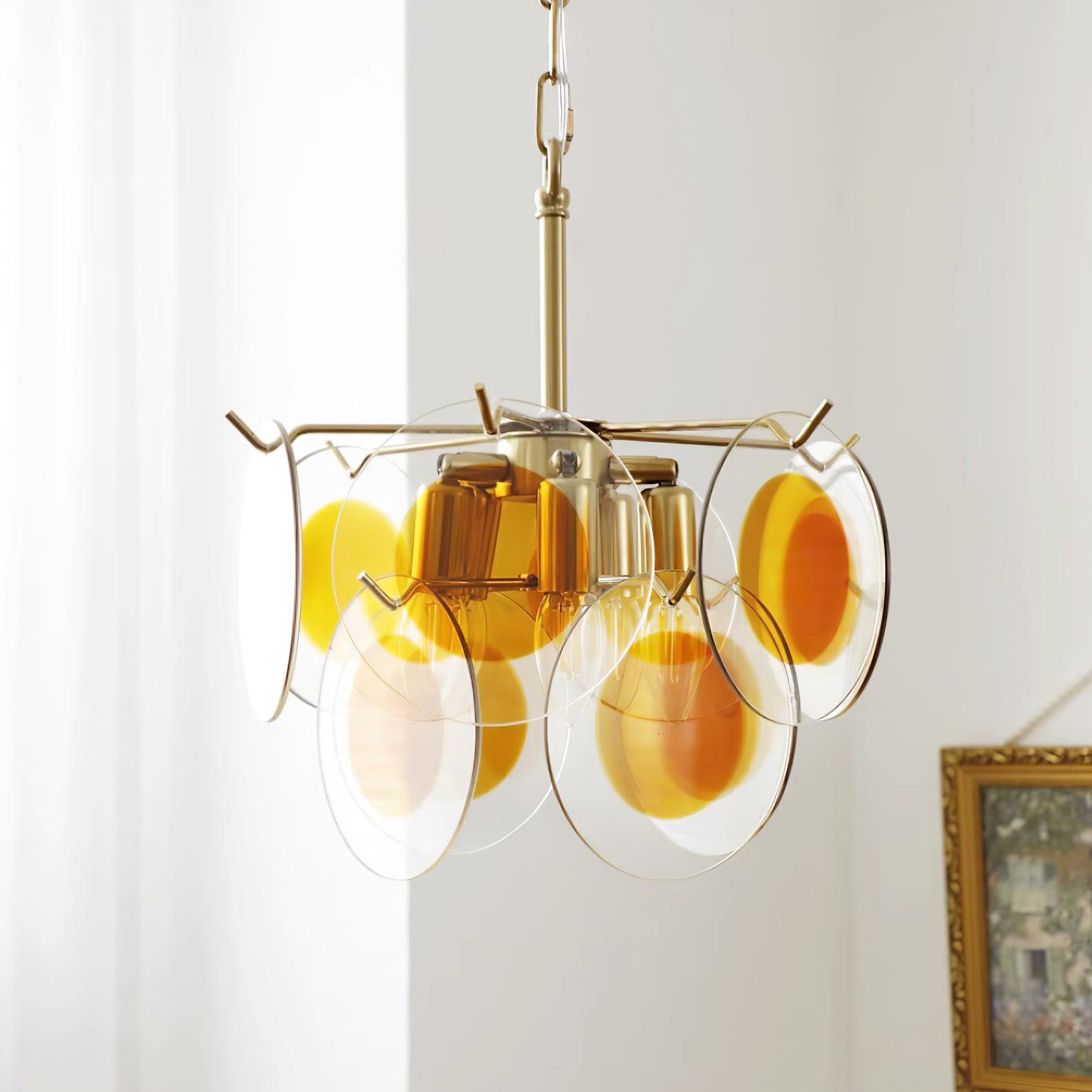 Glass Chandelier Caramel Discs Brass Frame Sculptural - Letslighting