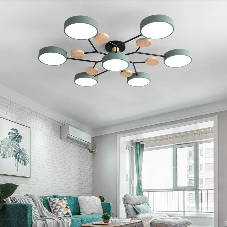 Arisha Plafonnier Rond Moderne, Métal/Bois, Blanc/Vert/Gris, Salon