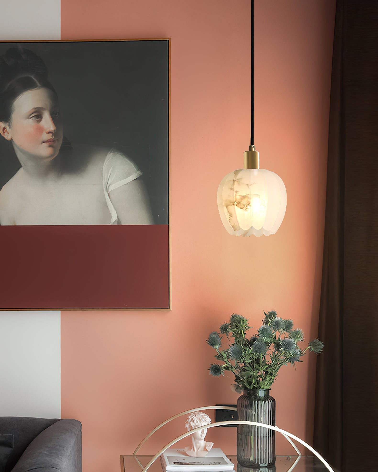 Olraeos Modern Minimalist Brass Alabaster Pendant Light - Lamp Copper