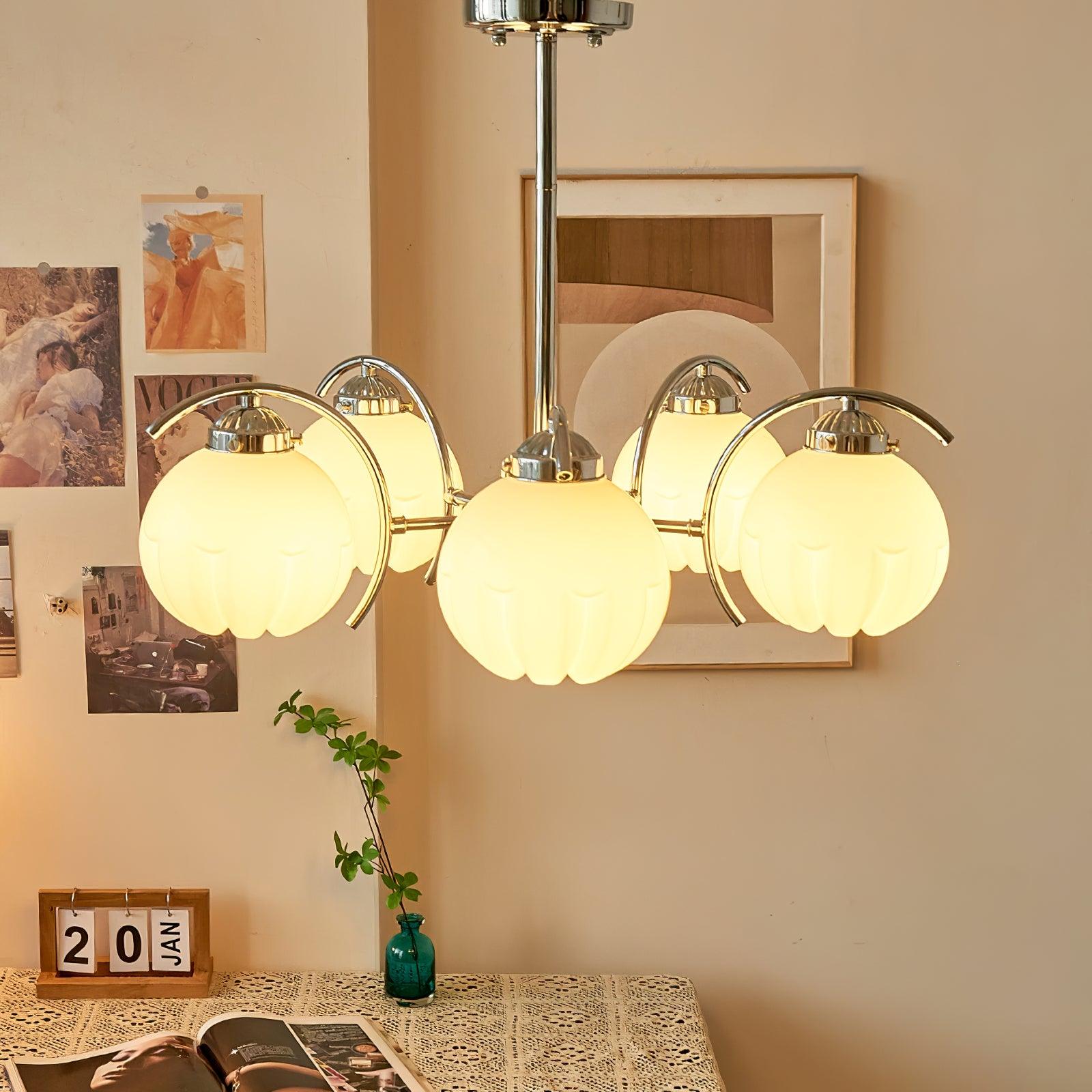 Chandelier Chrome Curved Arms with Frosted Globe Shades - Blowlighting