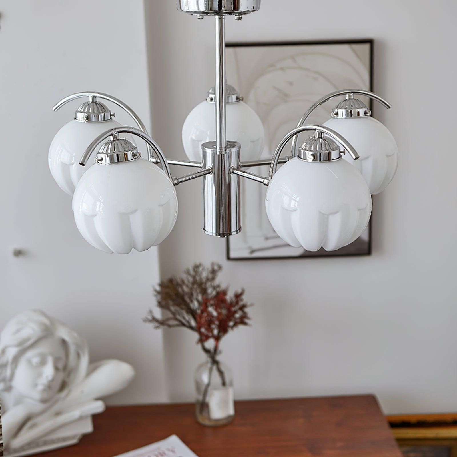 Chandelier Chrome Curved Arms with Frosted Globe Shades - Blowlighting