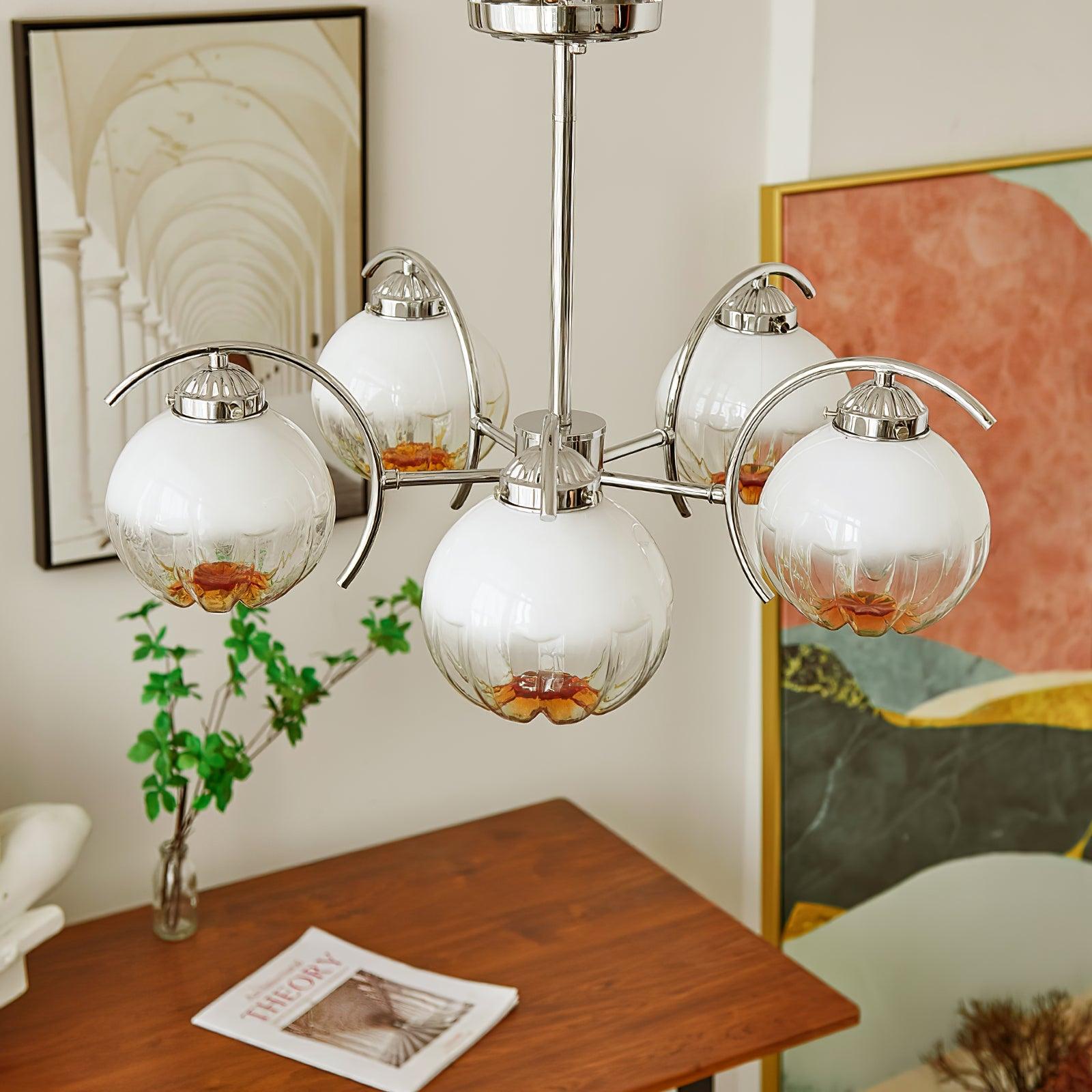 Chandelier Chrome Curved Arms with Frosted Globe Shades - Blowlighting