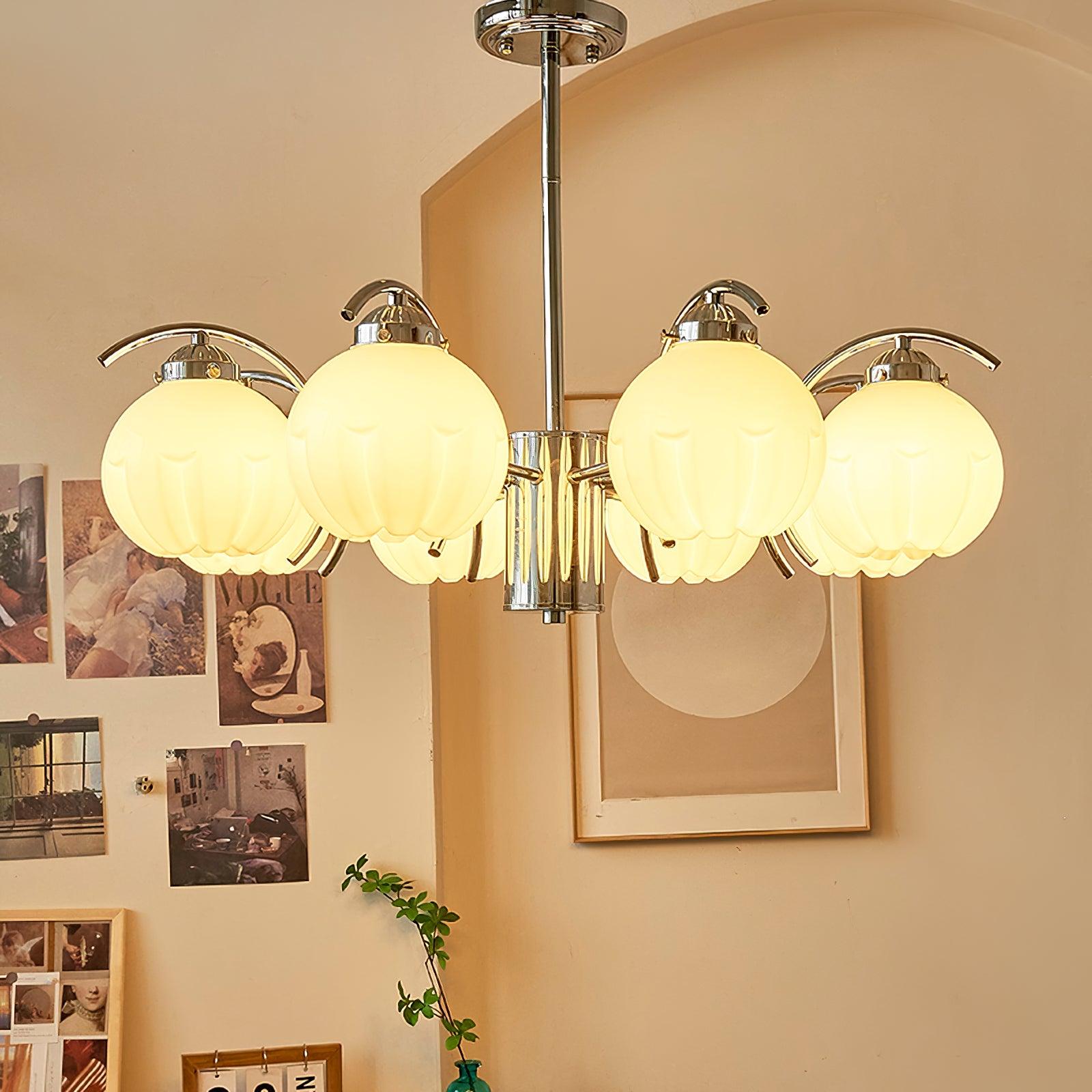 Chandelier Chrome Curved Arms with Frosted Globe Shades - Blowlighting