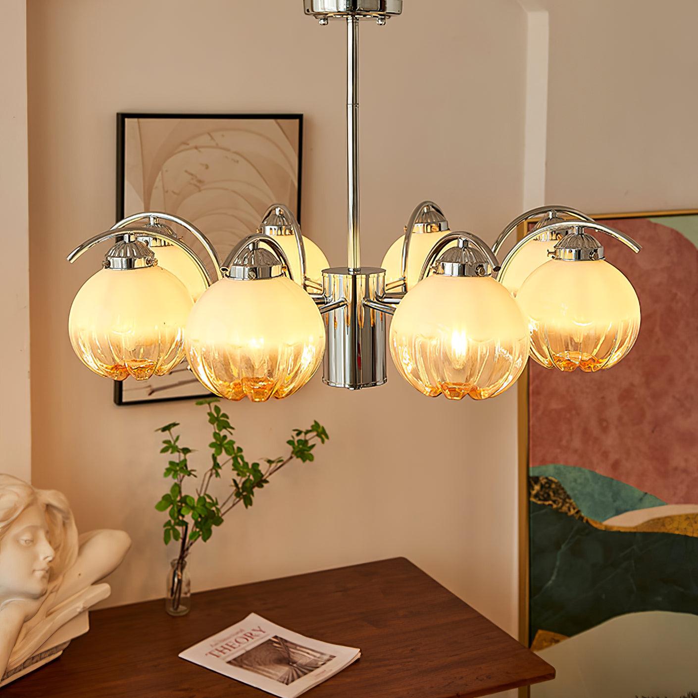 Chandelier Chrome Curved Arms with Frosted Globe Shades - Blowlighting