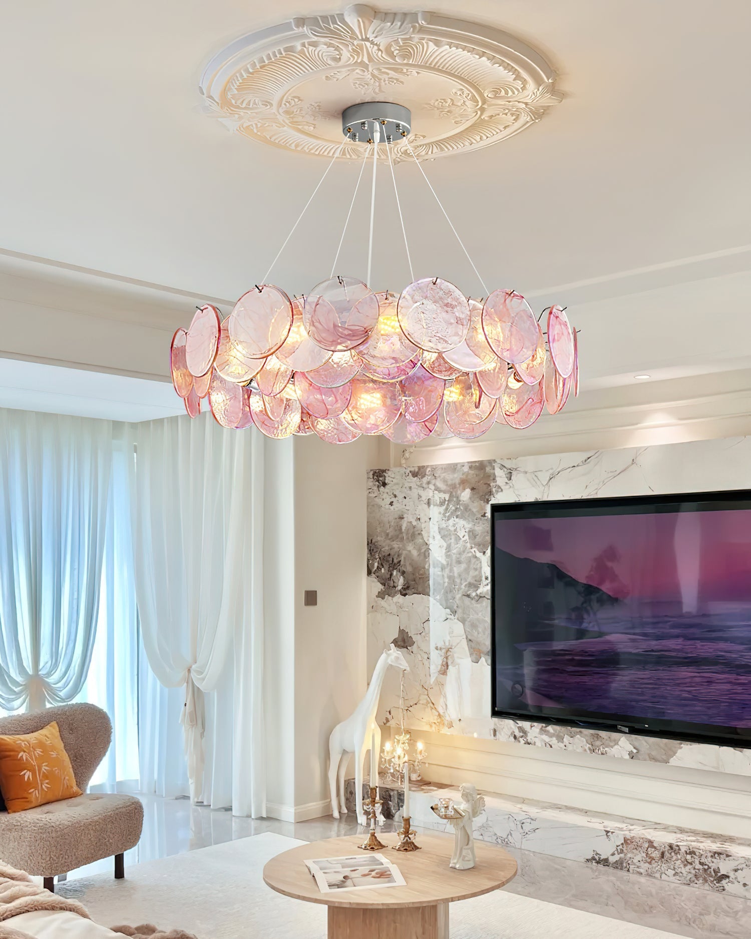 Loire Chandelier Iridescent Pink Glass Disc Halo - Letslighting
