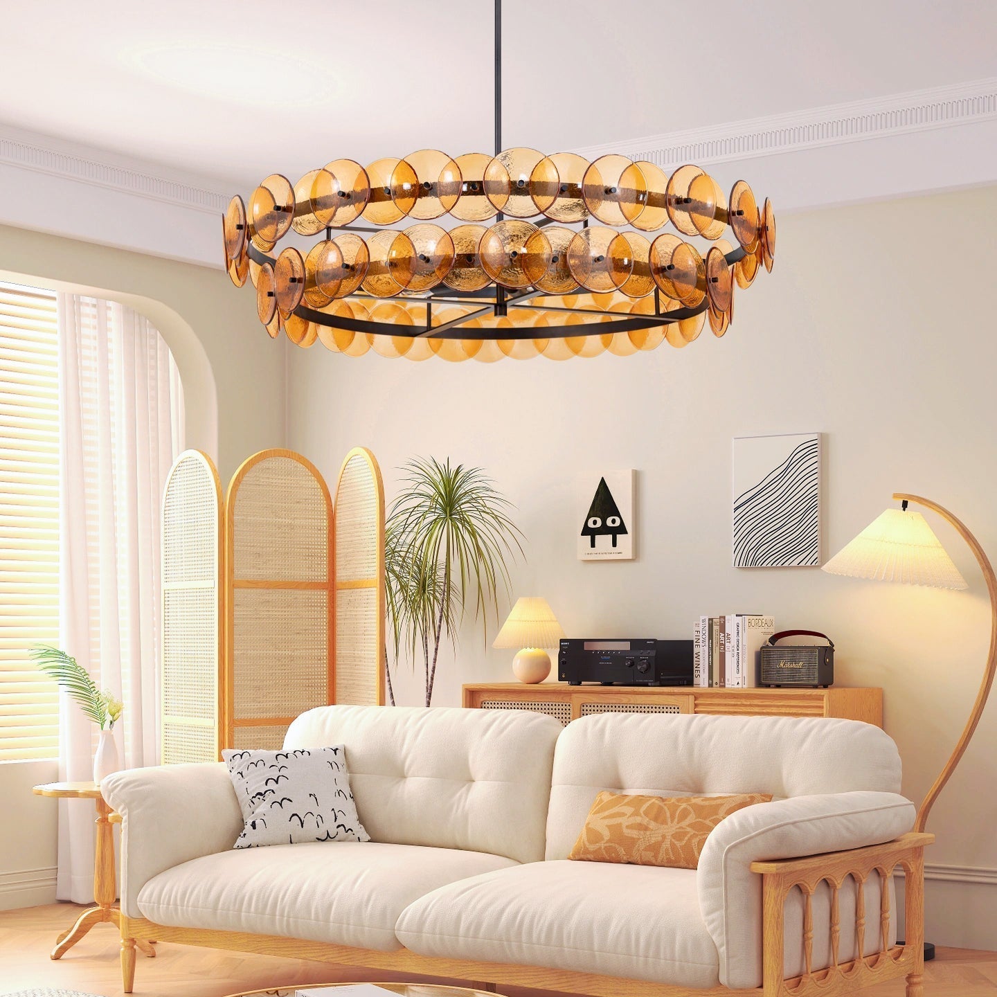 Aurora Chandelier Amber Pressed Glass Disc Round - Letslighting