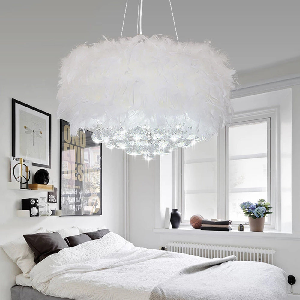 O'Moore Suspension Tambour Magnifique, Métal/Plume/Cristal, Blanc, Chambre à Coucher/Salon