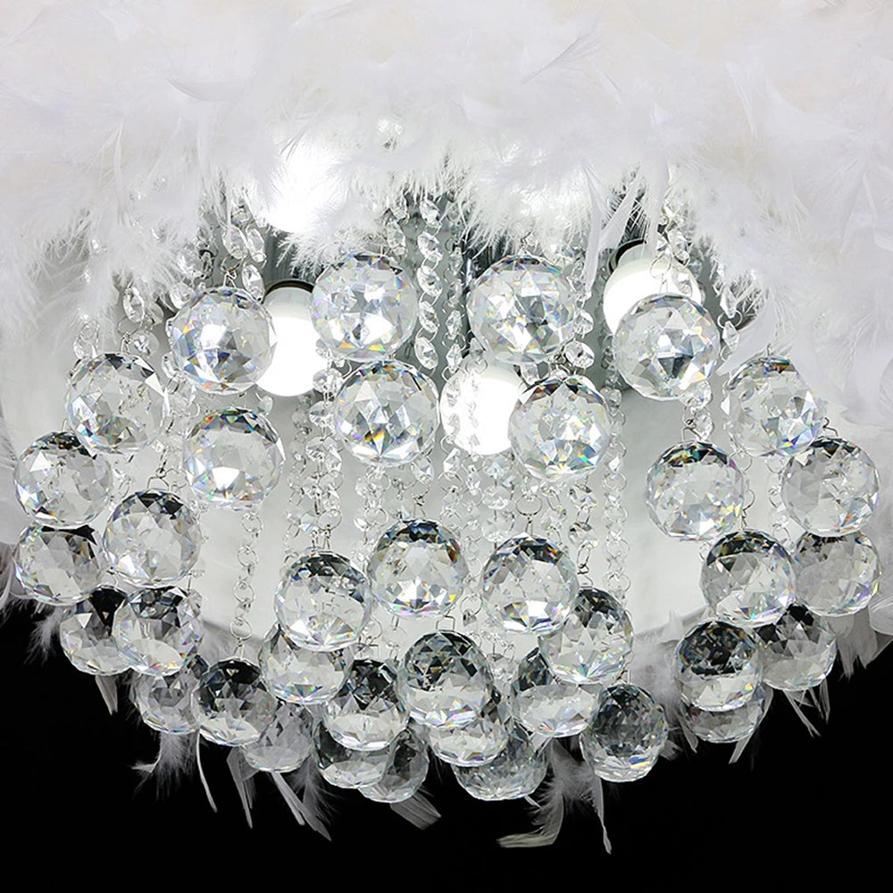 O'Moore Suspension Tambour Magnifique, Métal/Plume/Cristal, Blanc, Chambre à Coucher/Salon