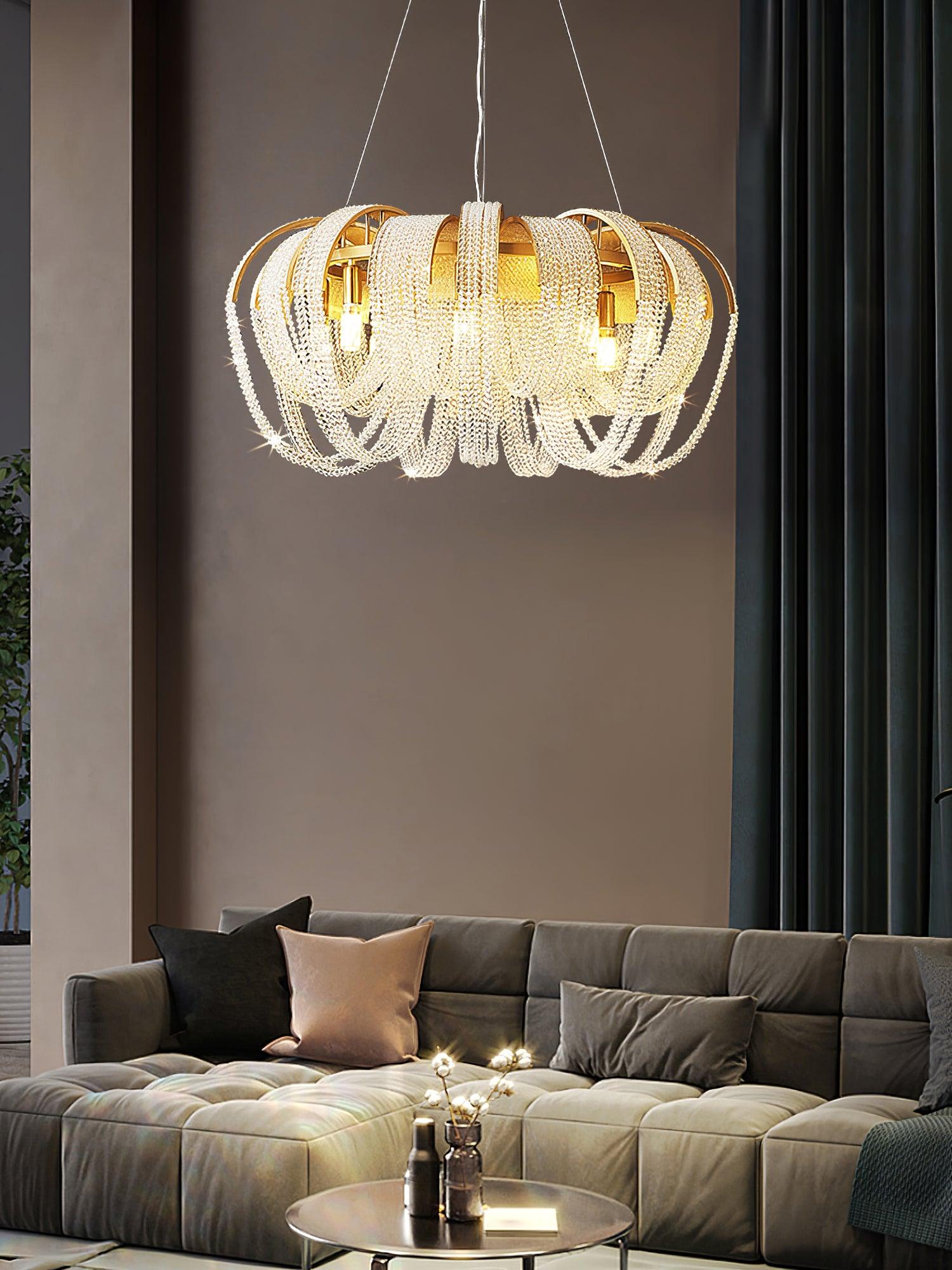 Lustra Chandelier Mesh Crystal Gold Waterfall Sparkle - Letslighting