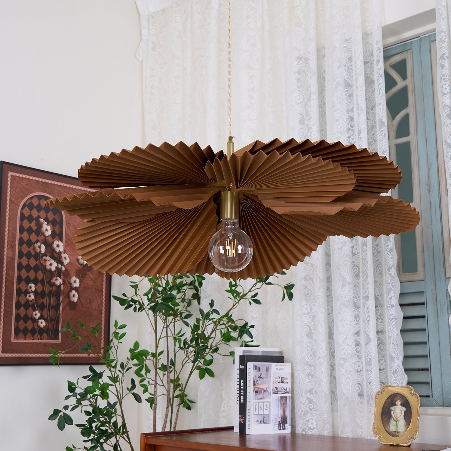Pendant Lamp with Pleated Kraft Paper Petal Shade Warm Ambient - Letslighting