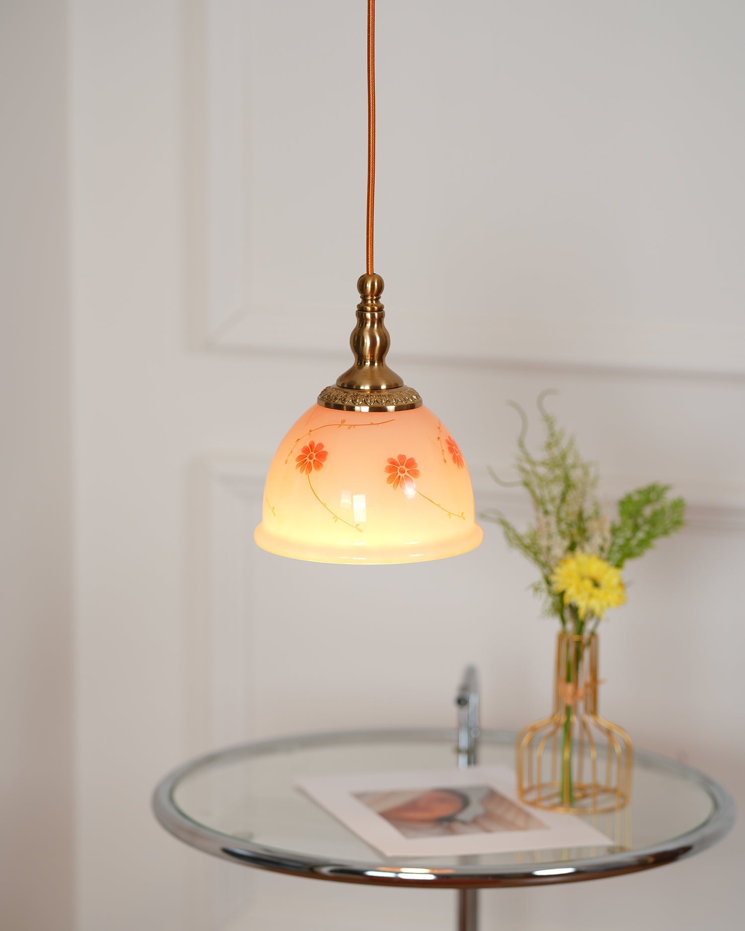 Pendant Lamp Brass and Glass Floral Pattern Dome Shade Vintage - Letslighting