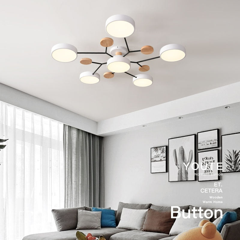 Arisha Plafonnier Rond Moderne, Métal/Bois, Blanc/Vert/Gris, Salon