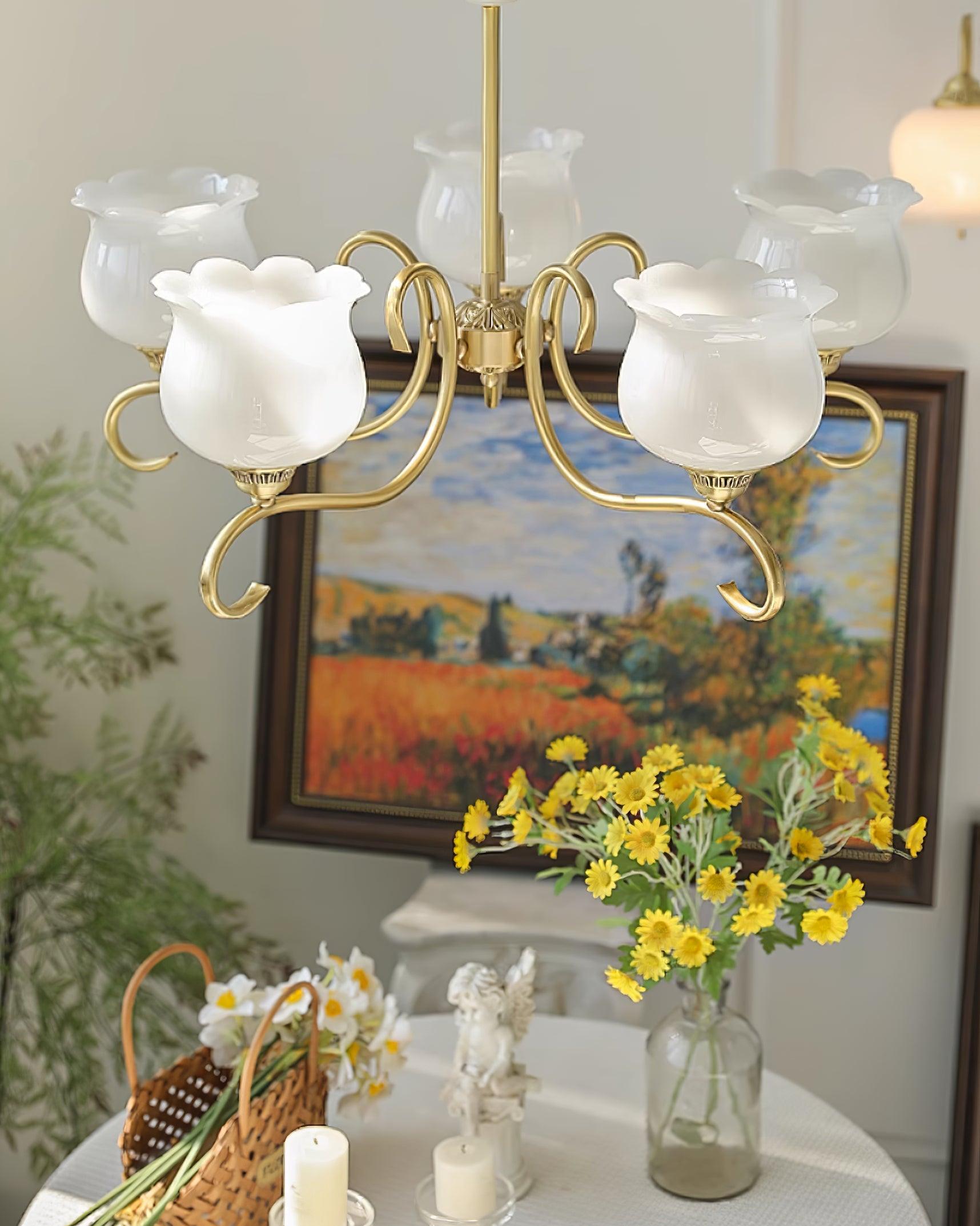 Mullan Chandelier Brass Resin Shades Floral Sculptural - Letslighting