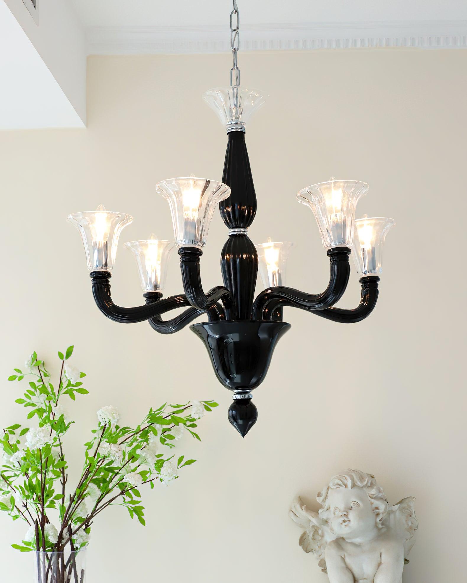 Aurora Chandelier Black Murano Candle Arm Glass Classic - Letslighting