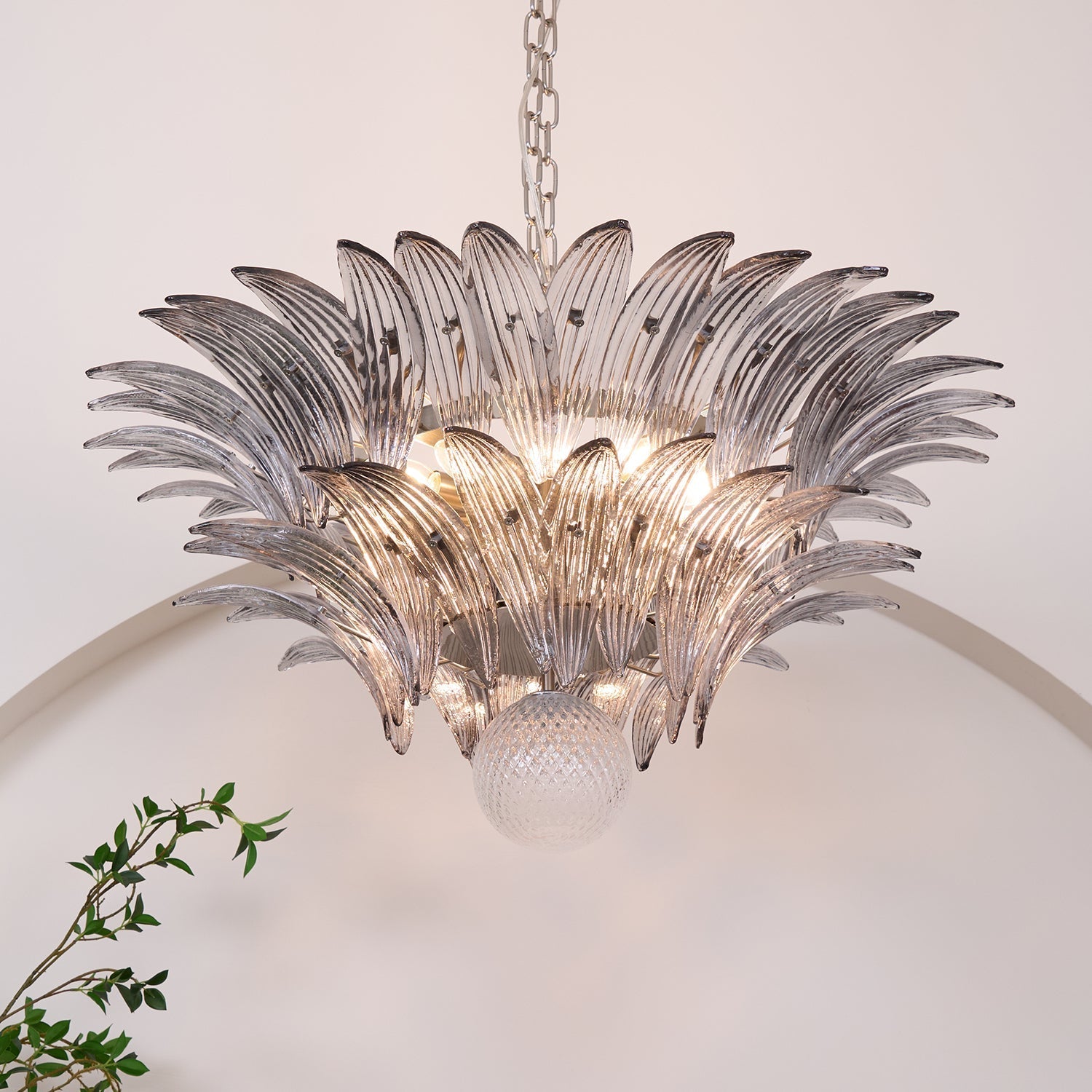 Aurora Chandelier Palmette Clear Murano Glass Leaf Layered - Letslighting