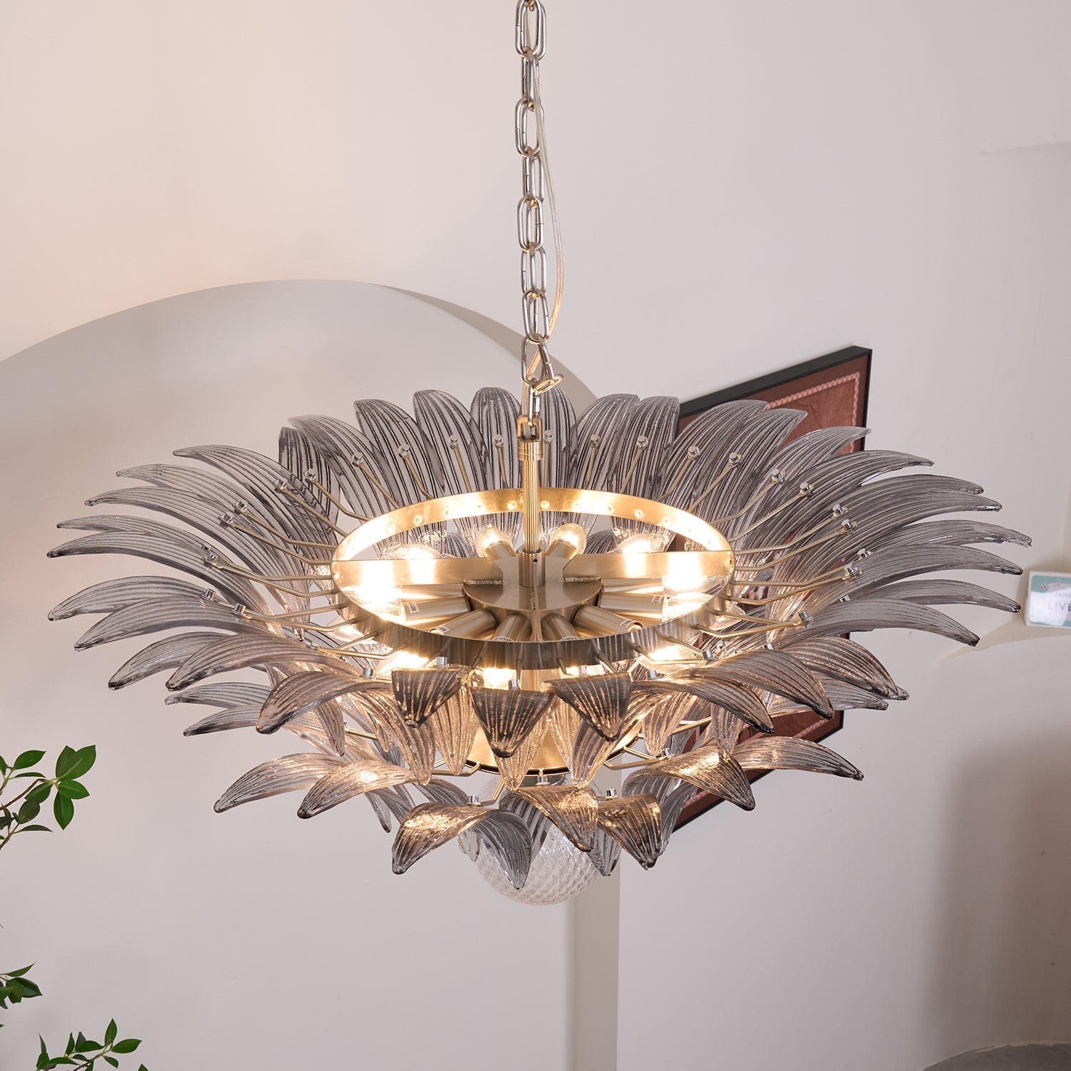 Aurora Chandelier Palmette Clear Murano Glass Leaf Layered - Letslighting