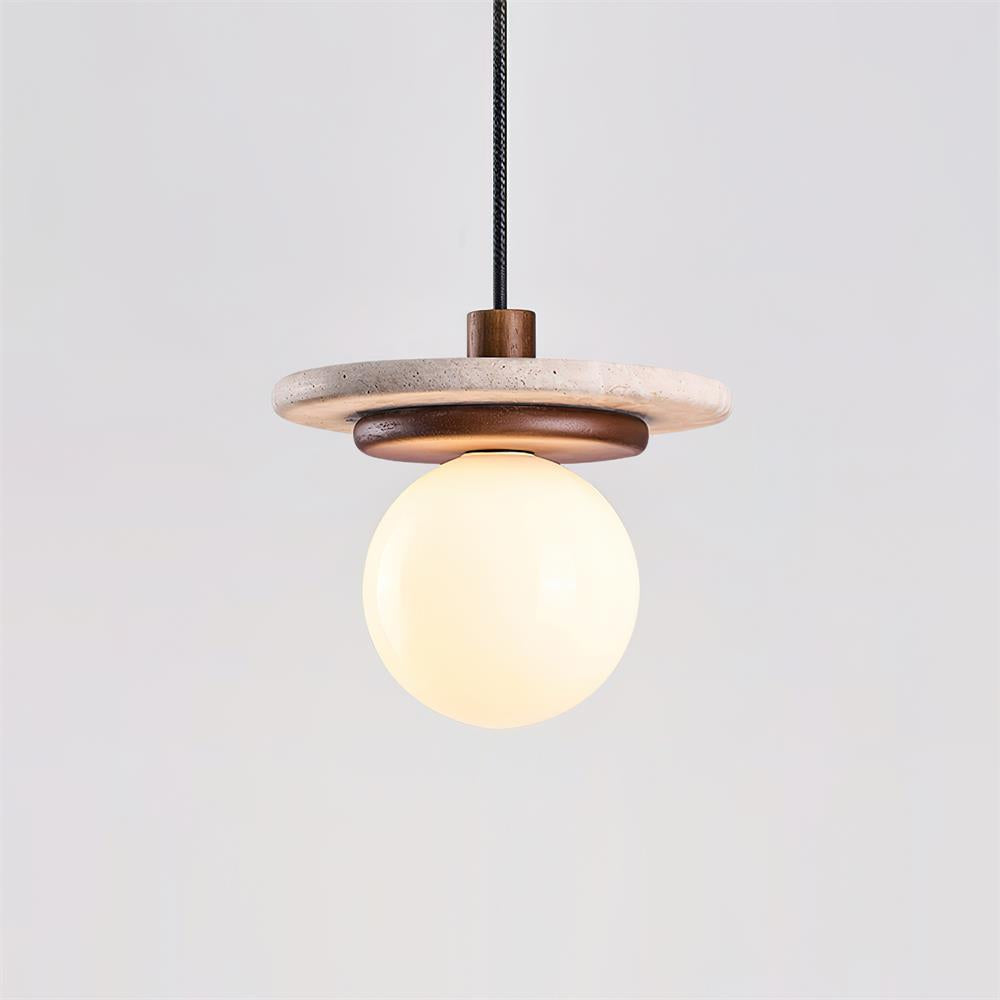 Pendant Lamp Glass Globe Travertine Disc Walnut Wood Natural - Letslighting