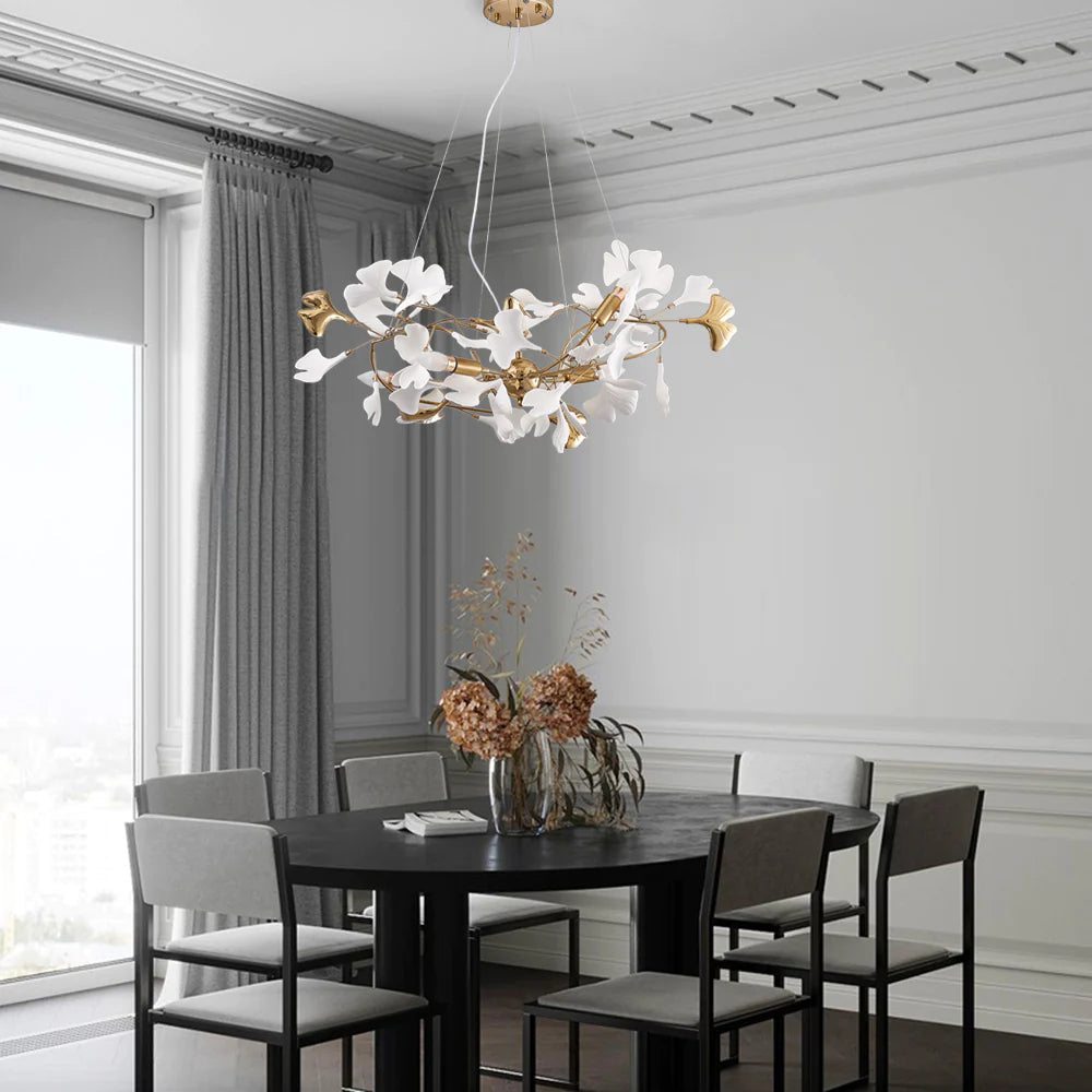 Olivia Lustre Suspension Feuille Artistic Design, Métal/Céramique, Blanc, Salon