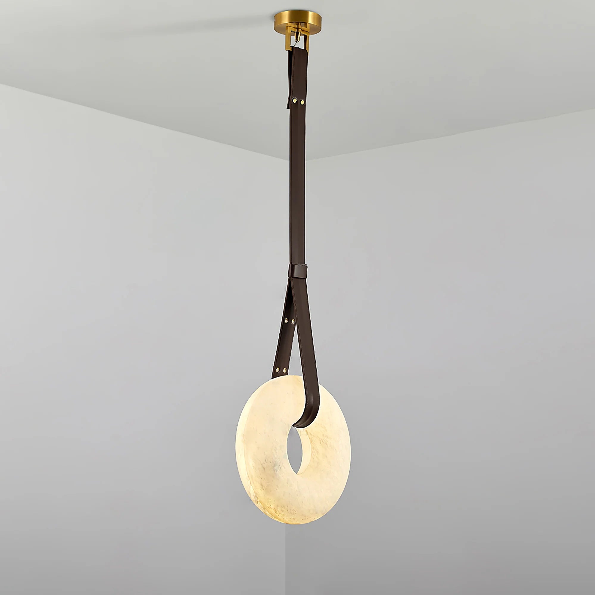 Pendant Lamp Alabaster Ring Triple Leather Straps Nordic Luxe - Letslighting