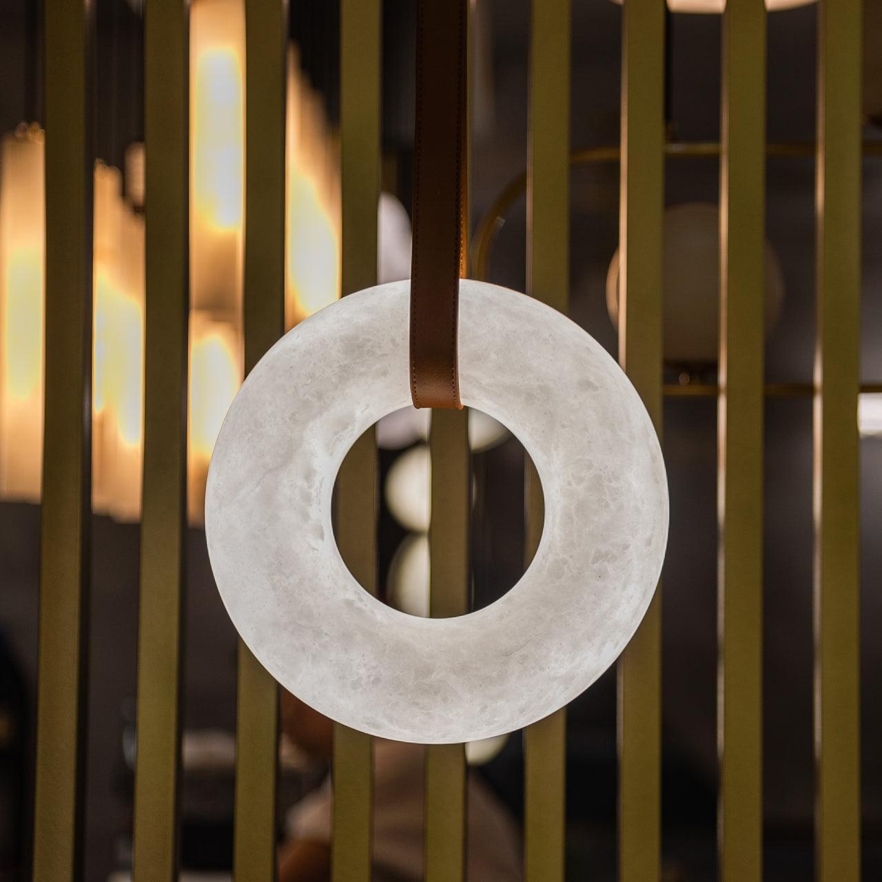 Pendant Lamp Alabaster Ring Triple Leather Straps Nordic Luxe - Letslighting