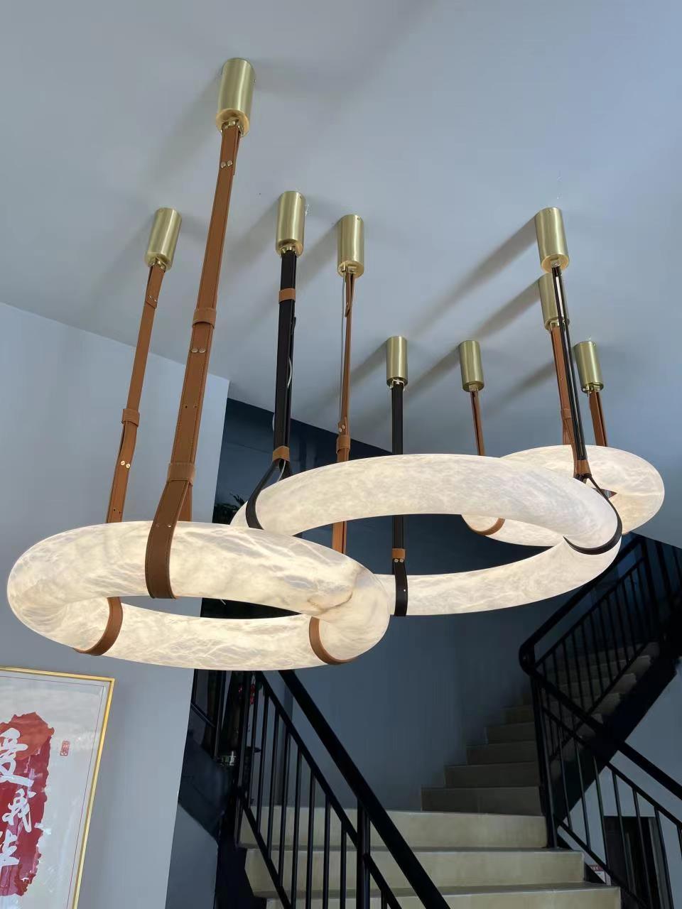 Pendant Lamp Alabaster Ring Triple Leather Straps Nordic Luxe - Letslighting