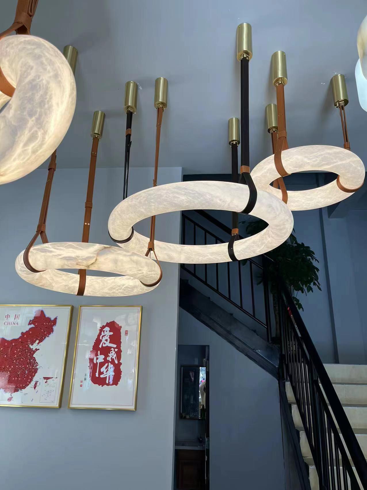 Pendant Lamp Alabaster Ring Triple Leather Straps Nordic Luxe - Letslighting