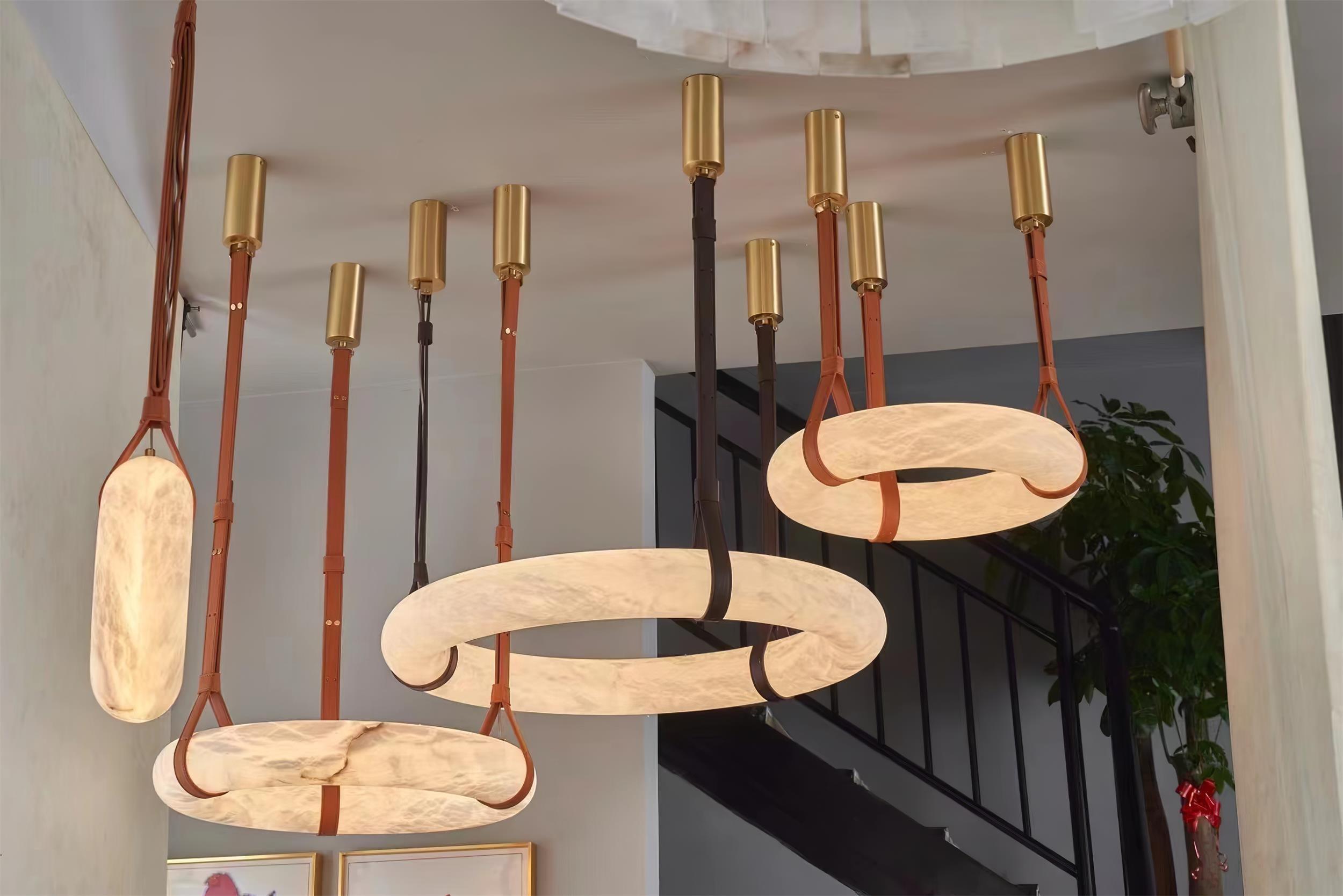 Pendant Lamp Alabaster Ring Triple Leather Straps Nordic Luxe - Letslighting