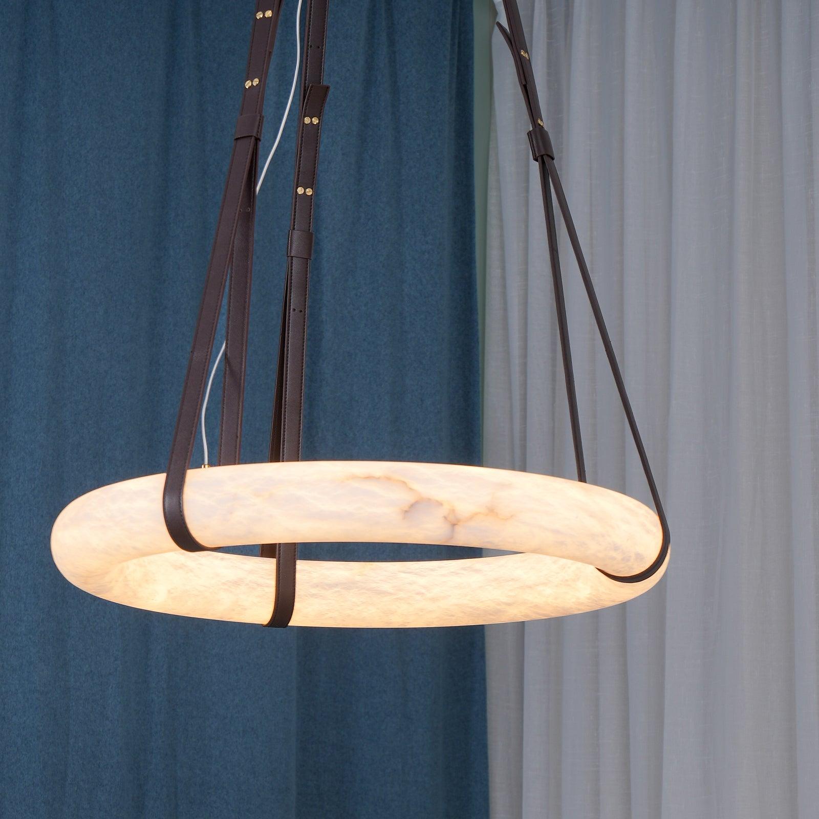 Pendant Lamp Alabaster Ring Triple Leather Straps Nordic Luxe - Letslighting